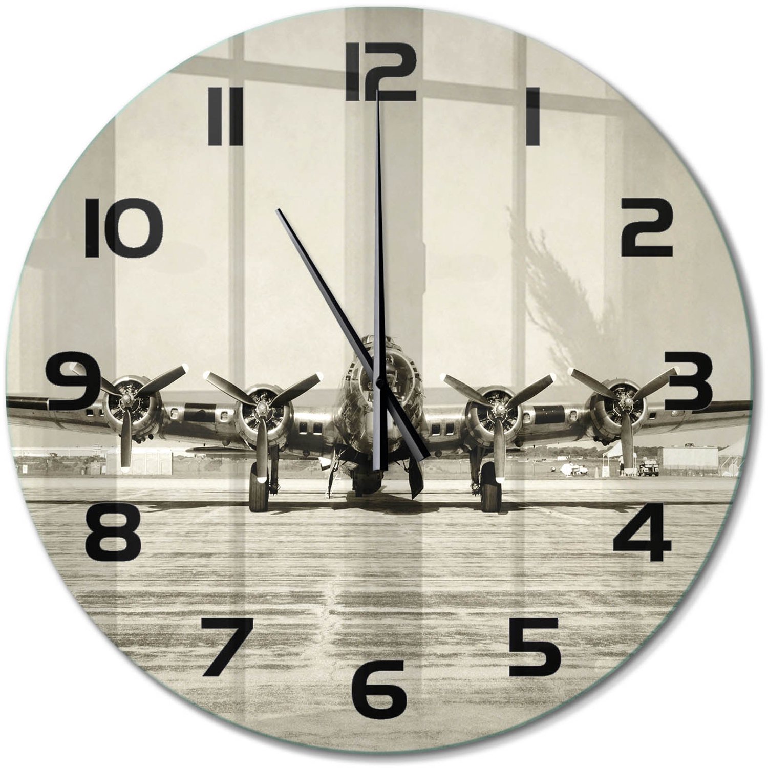 TULUP Wandklok - Oude bommenwerper Wandklok Glas Met Motief - fi60 cm - Beige Decoratieve Glazen Klok - Zwarte handen - Ronde Klok - Gekleurde Glazen Klok - Glazen Klok Met Print