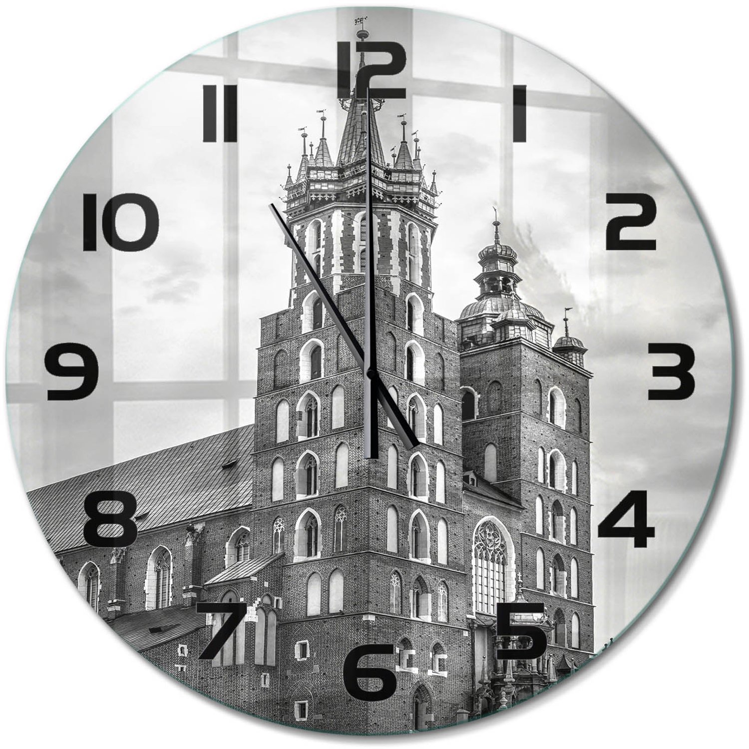 TULUP Wandklok - Krakau, Polen Gekleurde Glazen Klok - fi60 cm - Zwart-wit Glazen Klok Met Print - Zwarte handen - Ronde Klok - Moderne Wandklok Glas - Wandklok Glas Decoratie