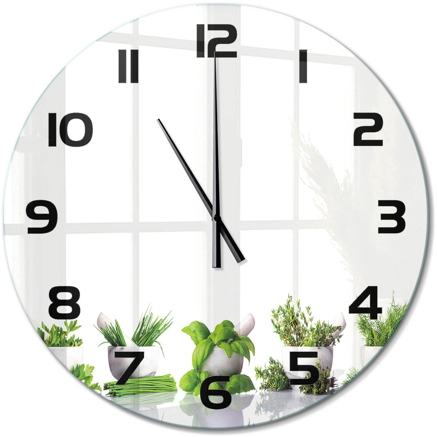 TULUP Wandklok - Kruiden Decoratieve Glazen Klok - fi60 cm - Groente Glazen Wandklok Design - Zwarte handen - Ronde Klok - Glazen Klok Met Print - Wandklok Glas Met Motief