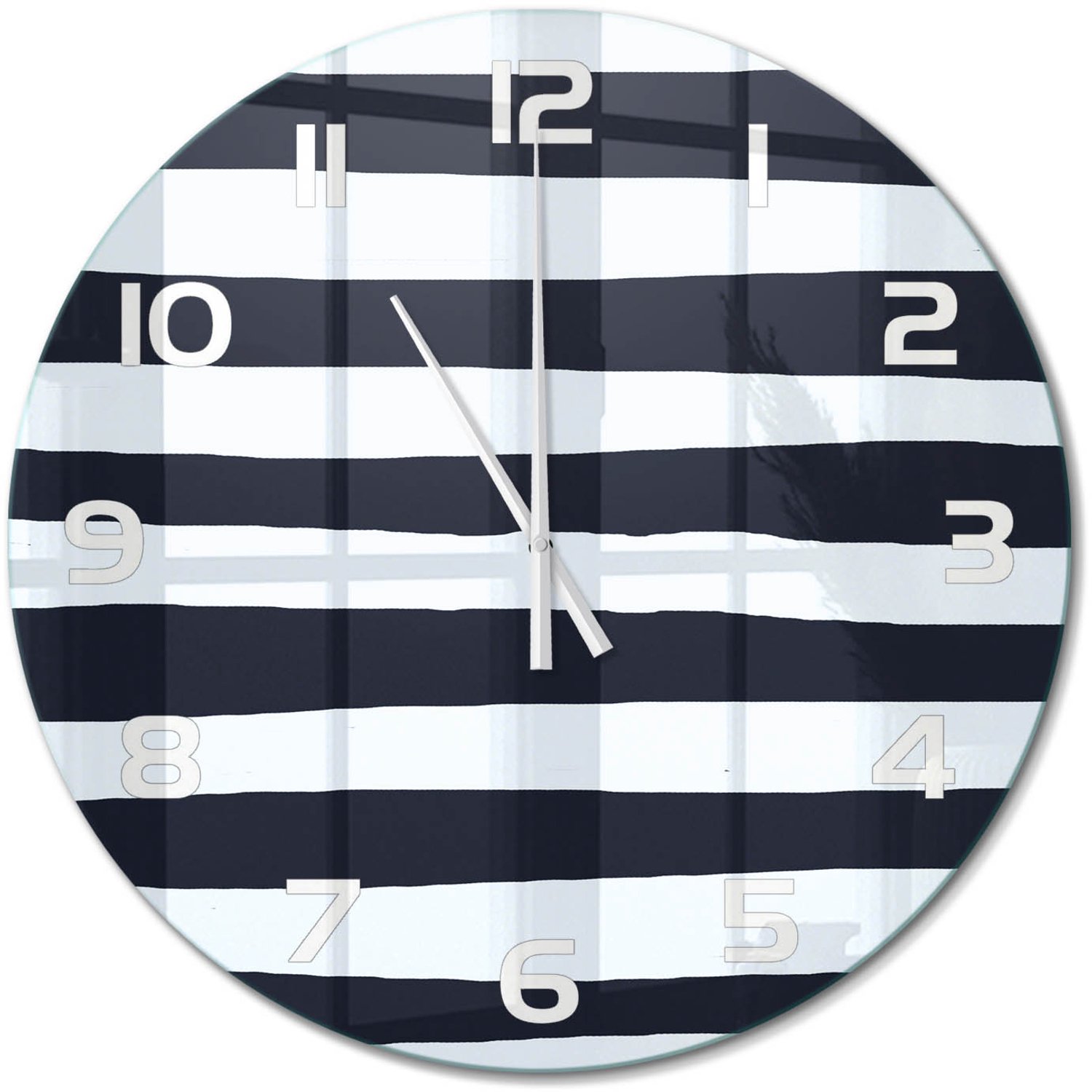 TULUP Wandklok - Gestreepte achtergrond Glazen Klok Met Print - fi60 cm - Zwart-wit Wandklok Glas Met Motief - Witte handen - Ronde Klok - Wandklok Glas Decoratie - Gekleurde Glazen Klok