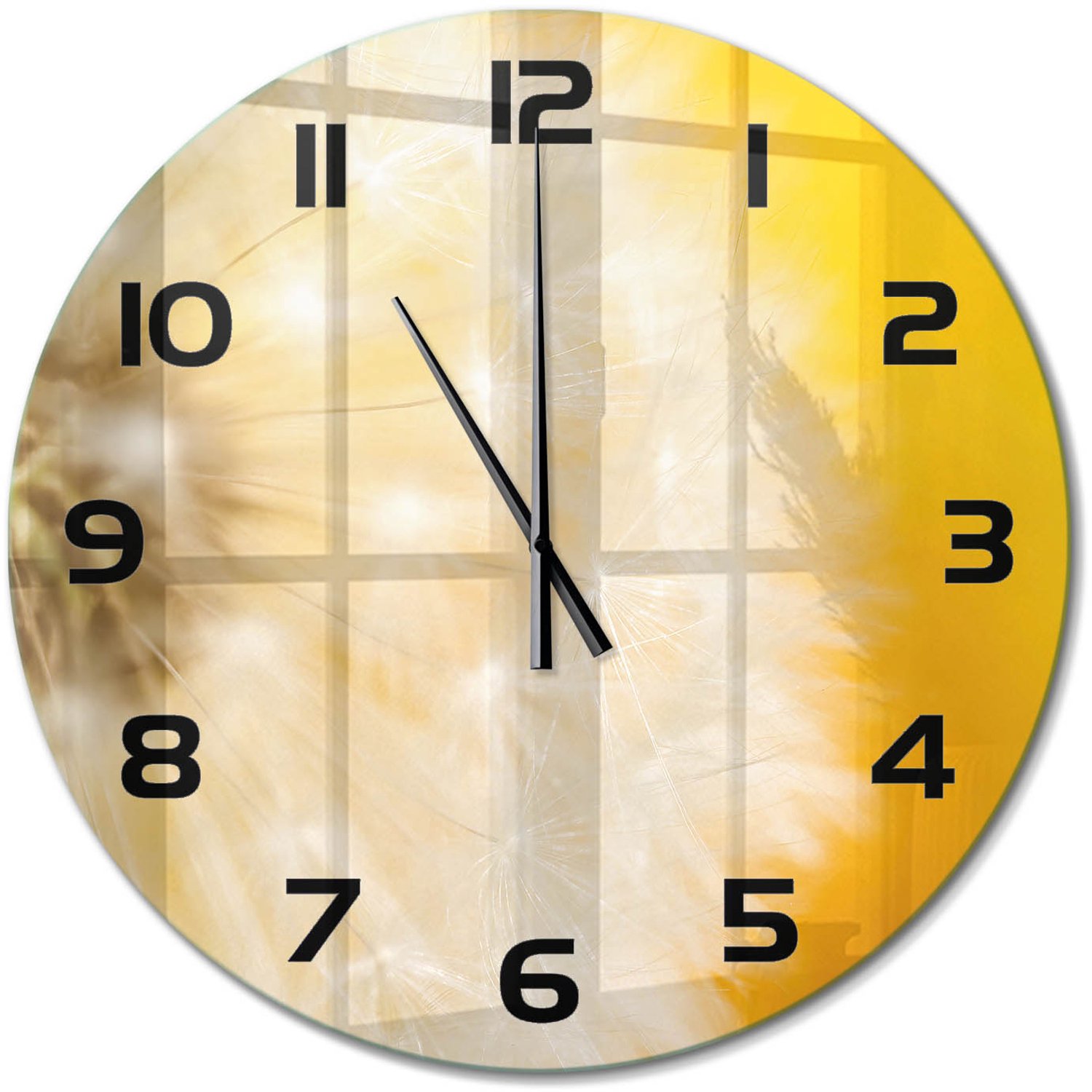 TULUP Wandklok - Paardebloem Glazen Wandklok Design - fi60 cm - Geel Klok Glas Met Opdruk - Zwarte handen - Ronde Klok - Wandklok Glas Met Motief - Decoratieve Glazen Klok