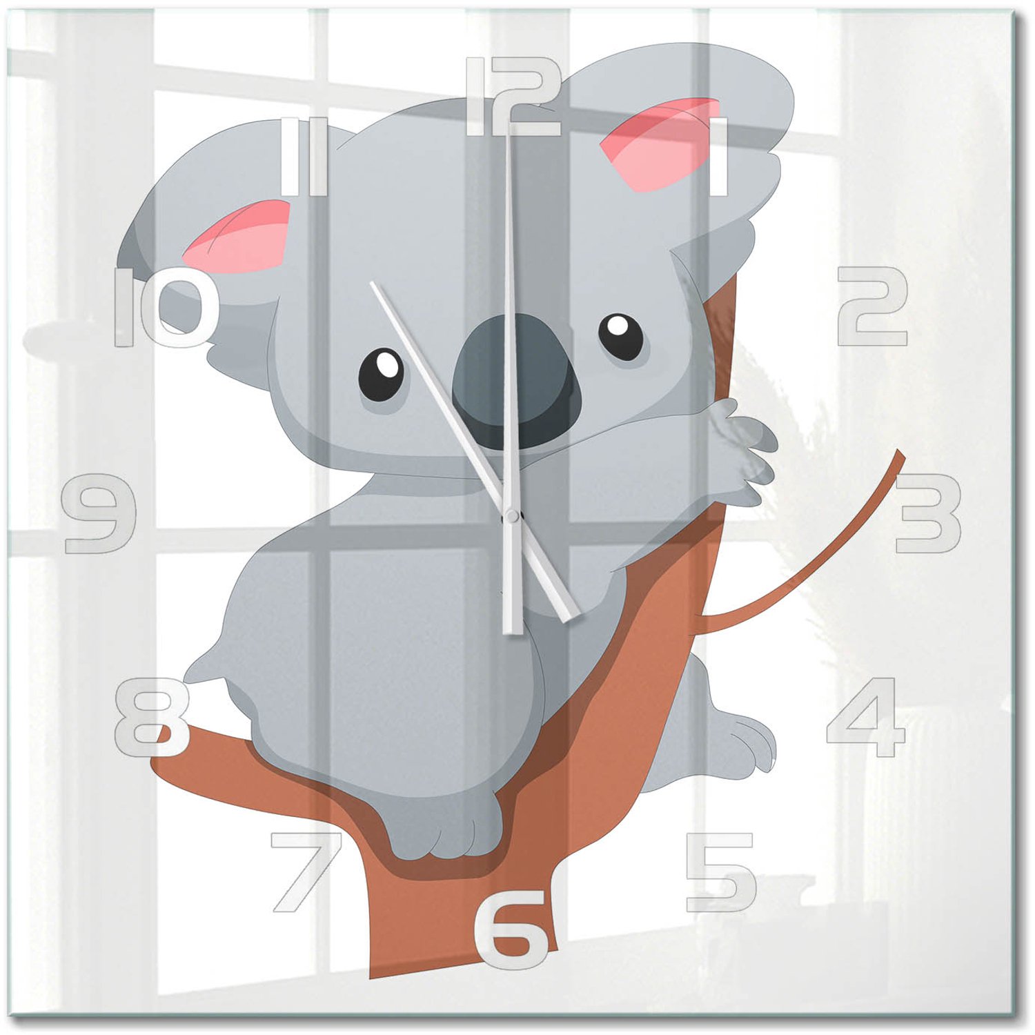 TULUP Wandklok - Koala in een boom Glazen Wandklok Design - 60x60 cm - Grijs Klok Glas Met Opdruk - Witte handen - Vierkante Klok - Wandklok Glas Met Motief - Decoratieve Glazen Klok