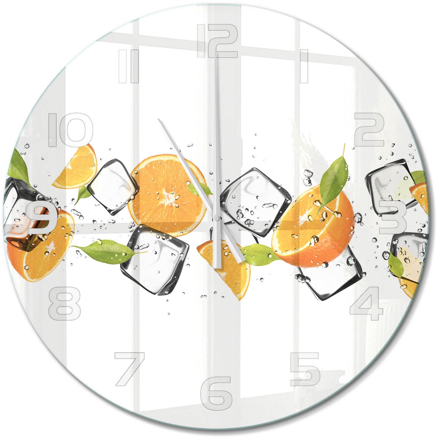 TULUP Wandklok - Sinaasappels met ijs Gekleurde Glazen Klok - fi60 cm - Oranje Glazen Klok Met Print - Witte handen - Ronde Klok - Moderne Wandklok Glas - Wandklok Glas Decoratie