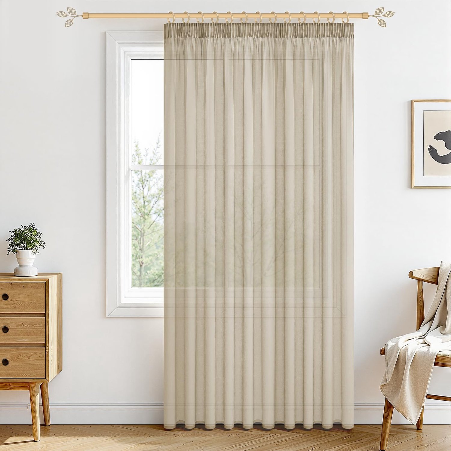 Famanu Gordijnen met plooiband, 300 cm breed en 240 cm lang, beige, semi-transparant, 1 set voor woonkamer en slaapkamer, moderne uitstraling, gemaakt van 100% polyester met linnenlook, biedt privacy en luchtcirculatie terwijl licht mooi binnenkomt