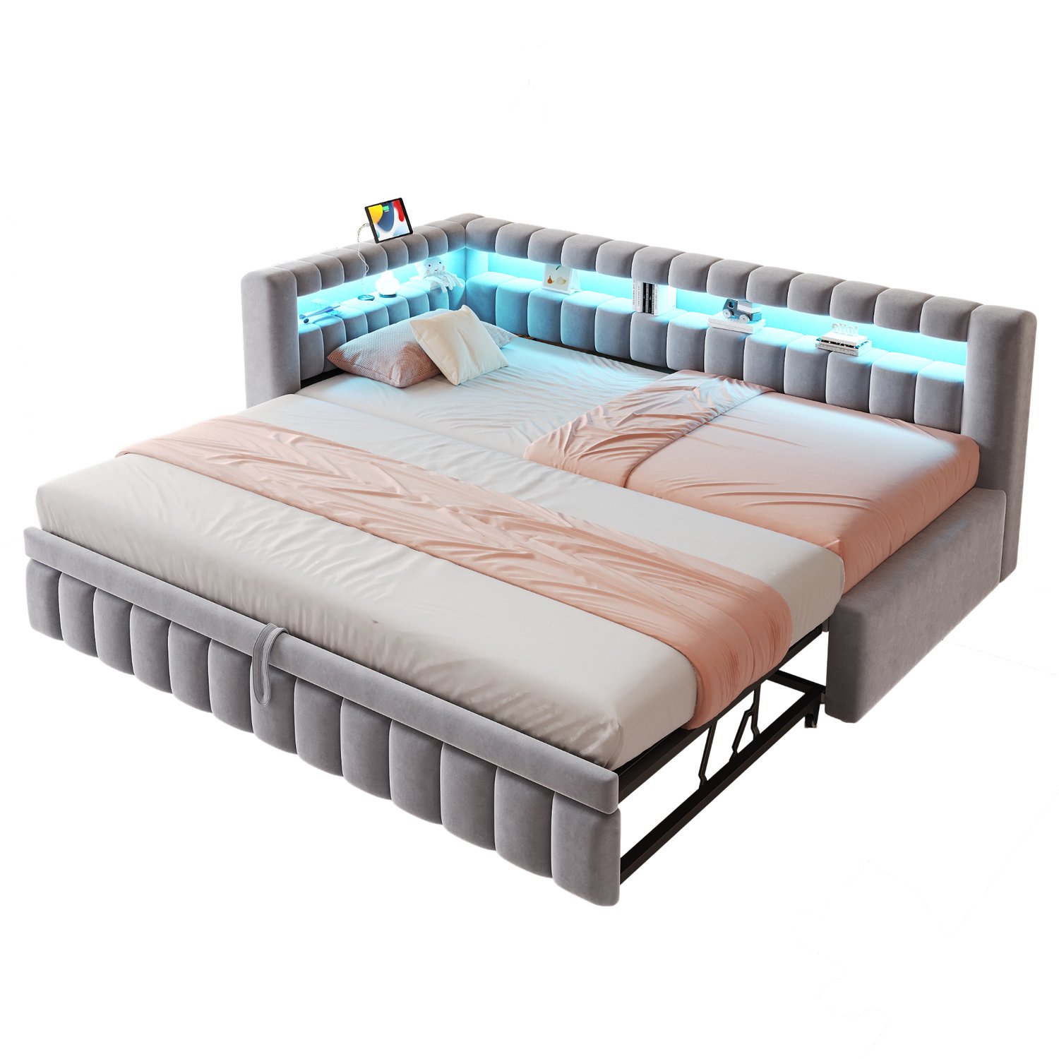 MUVANO Uitschuifbare slaapbank 90x200 - slaapbank met onderschuifbed 90x190, verstelbare ledverlichting, fluweel, USB, lichtgrijs voor woonkamer