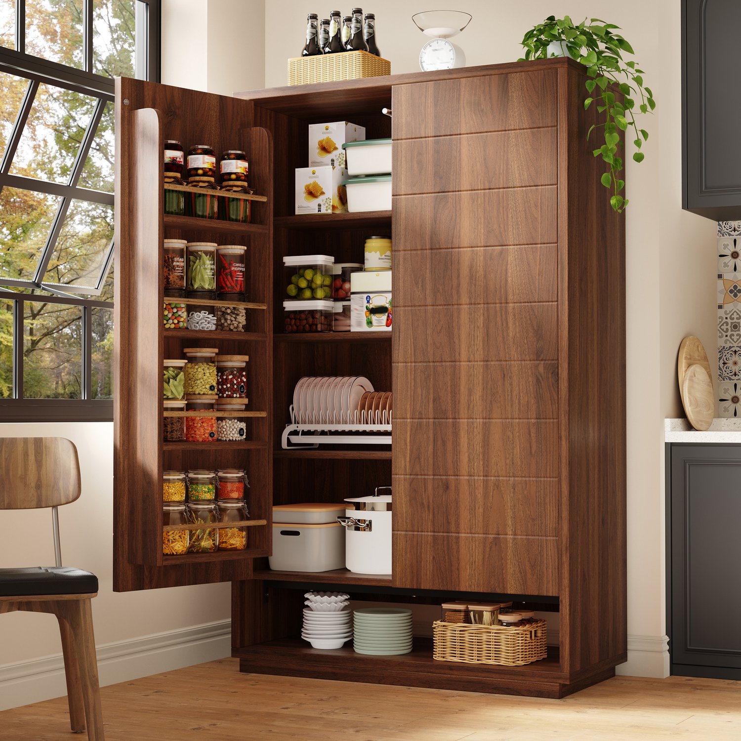 STILVORA Keukenkast - Hoge Kast Met Dubbele Deuren En 8 Legplanken - Voor Keuken En Eetkamer - MDF En Metaal - 100x40x162,5 Cm - Donkerbruin