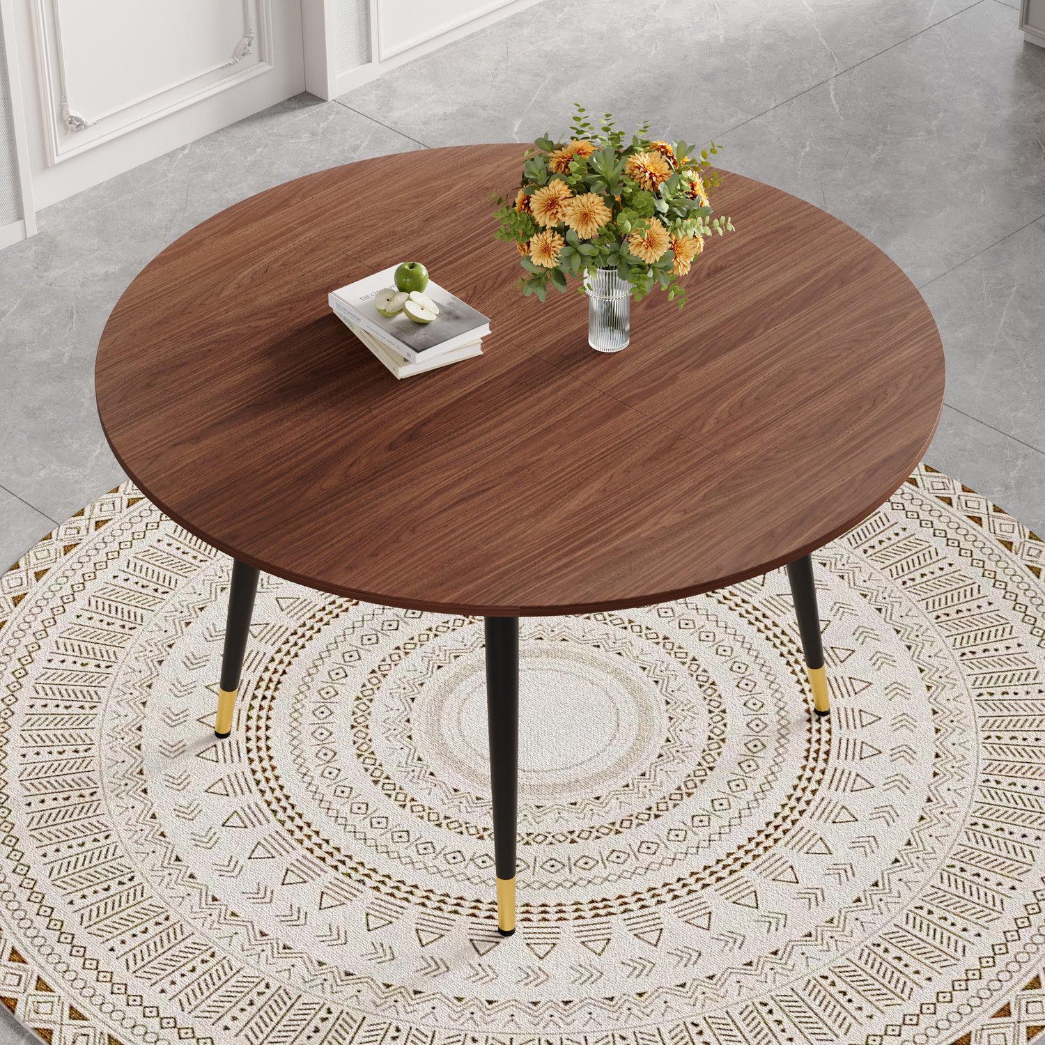 MEUNIQ uitschuifbare eettafel 135 x 85 x 77 cm, van rond naar ovaal, MDF tafelblad in walnootkleur, metalen poten met gouden accenten, voor eetkamer en keuken Walnootkleurig tafelblad met zwarte poten en gouden accenten