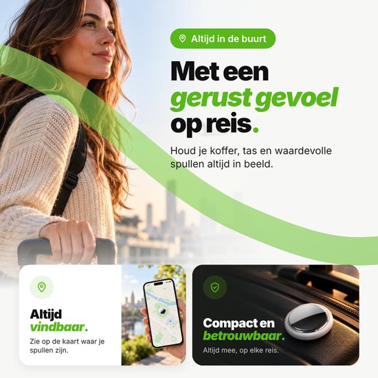 Vrouw op reis met een koffer, toont de Guardyan tracker voor locatiebepaling.