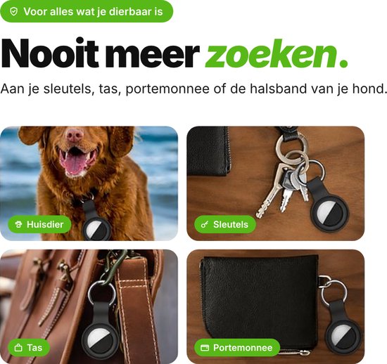 Vier beelden tonen de Guardyan tracker bevestigd aan een hond, sleutels, tas en portemonnee.