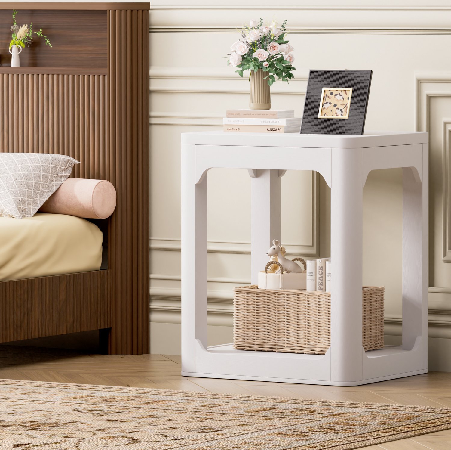 MEUNIQ Bijzettafels set van 2, 50 x 40 x 60 cm, wit, met twee open niveaus en afgeronde hoeken, voor woonkamer, slaapkamer of werkkamer