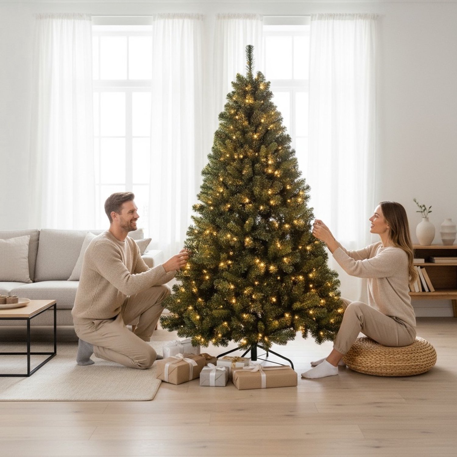 PristinePine Volle Kerstboom met Verlichting (380 LED) en Kerstboommand - 210 cm Kunstkerstboom inclusief zeegras mand en opbergtas - 1404 Takken – foto 8