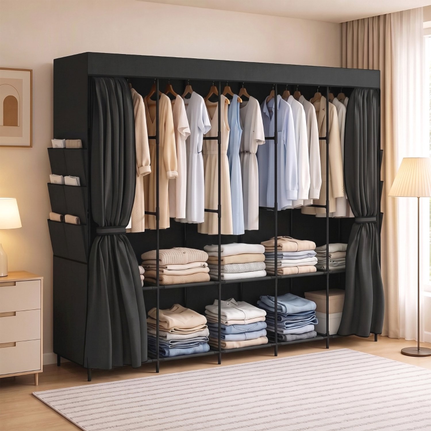 OKWISH Stoffen Kledingkast - 5 Kledingstangen en 5 Legplanken - Voor Slaapkamer en Studentenkamer - Staal en Vlies Zwart - 212 x 45 x 167 cm