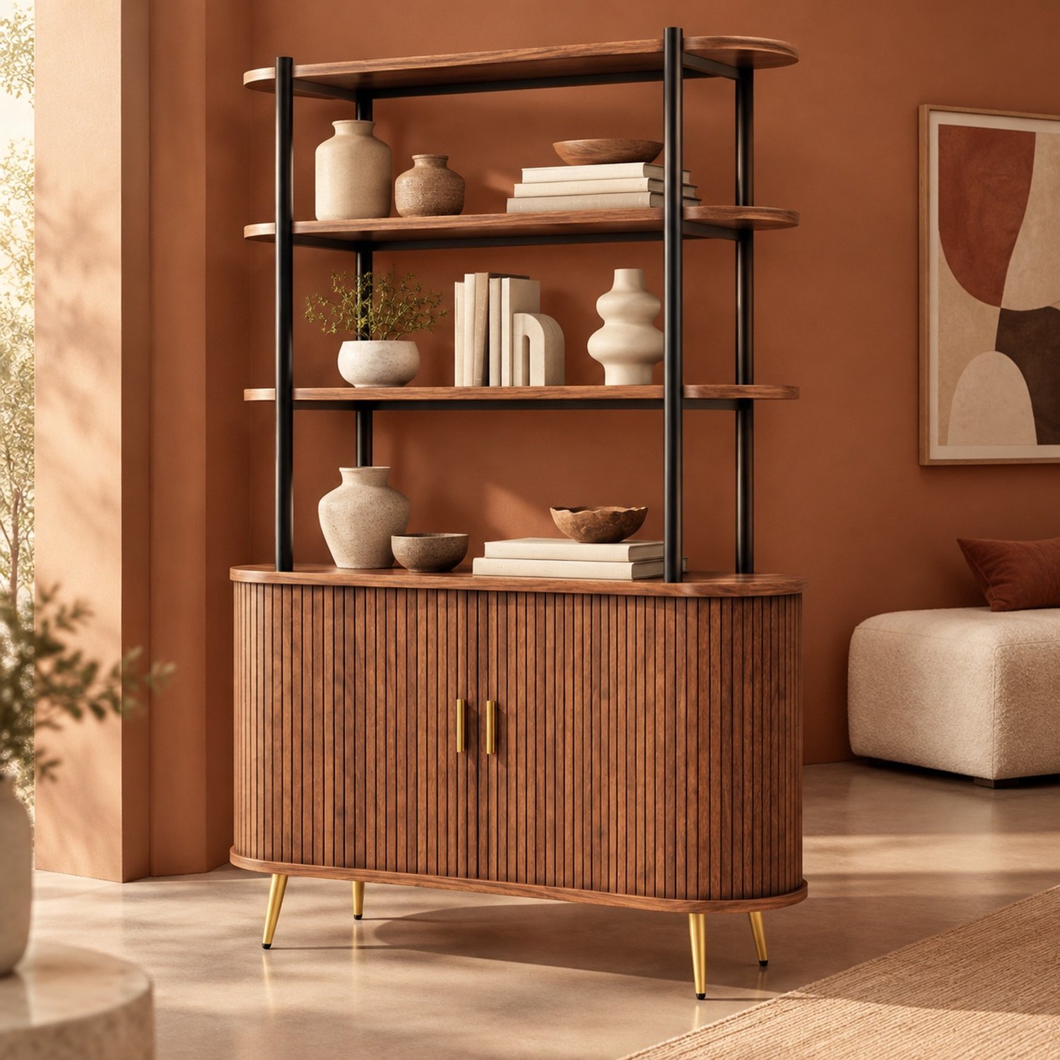 Wishdor Buffetkast met roldeur en vier open niveaus - Verstelbare planken en kantelbeveiliging - Retro met ribbelfront - Eetkamer keuken woonkamer - MDF en metaal - Houtkleurig en goud - 120 x 40 x 183 cm Donkerbruin, goudkleurig en zwart