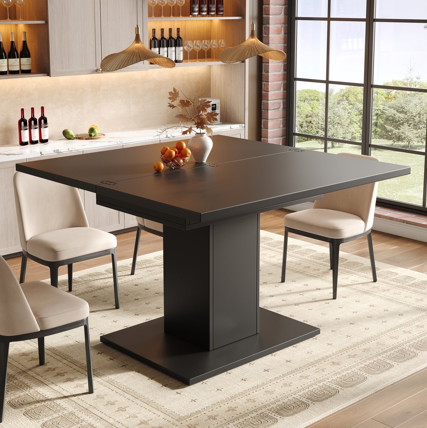 HAUSS SPOLE Eettafel - Uitschuifbaar En Uitklapbaar Met Opbergruimte - Voor Keuken En Eetkamer - Mdf - Zwart - 60 Tot 120 x 120 x 75,1 cm