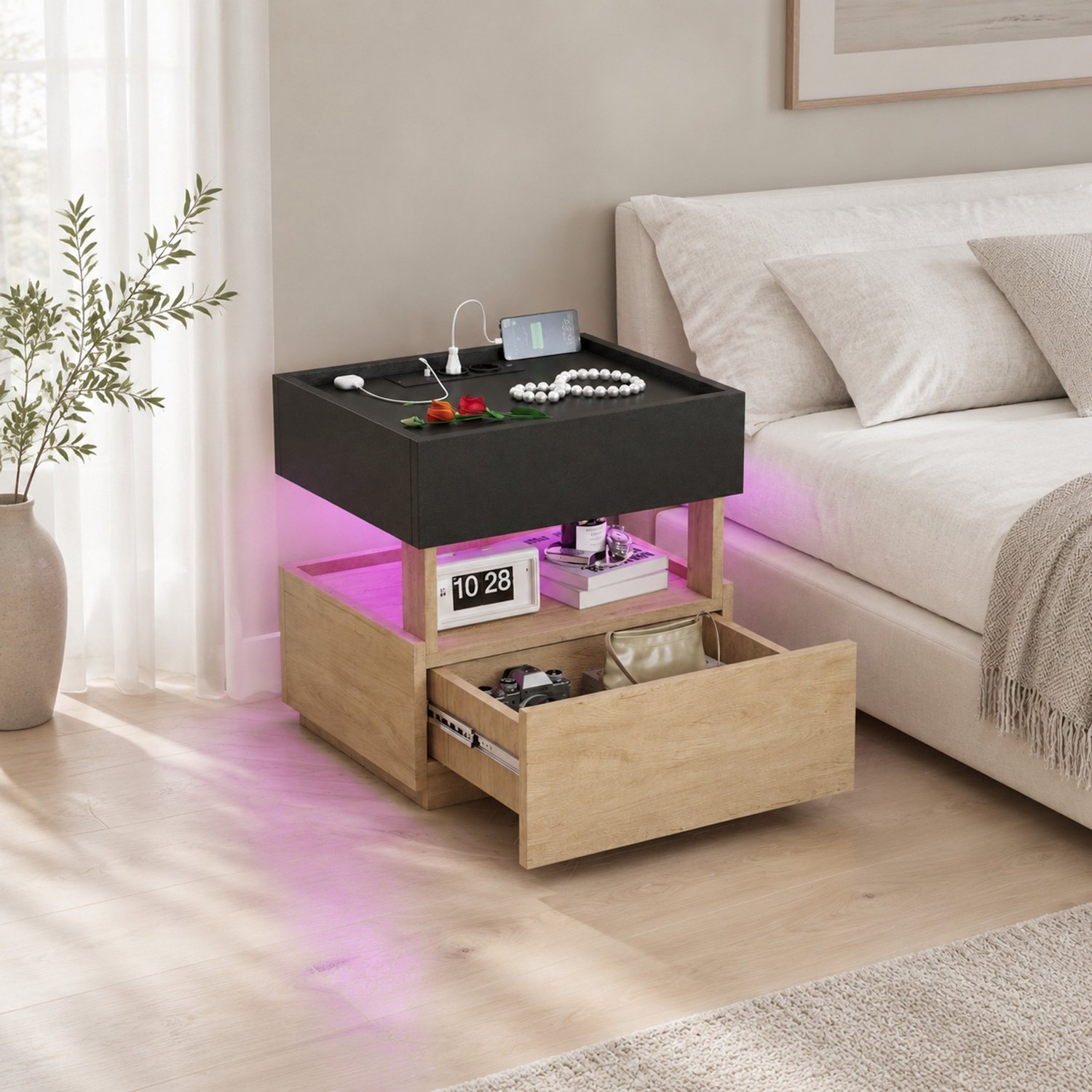 Wishdor Nachtkastje met draadloos opladen - Twee lades en USB-aansluitingen - Verstelbare LED-sfeerverlichting - Modern ontwerp - Voor bed of bank - Bewerkt hout - Zwart en naturel - 50 x 40 x 50 cm