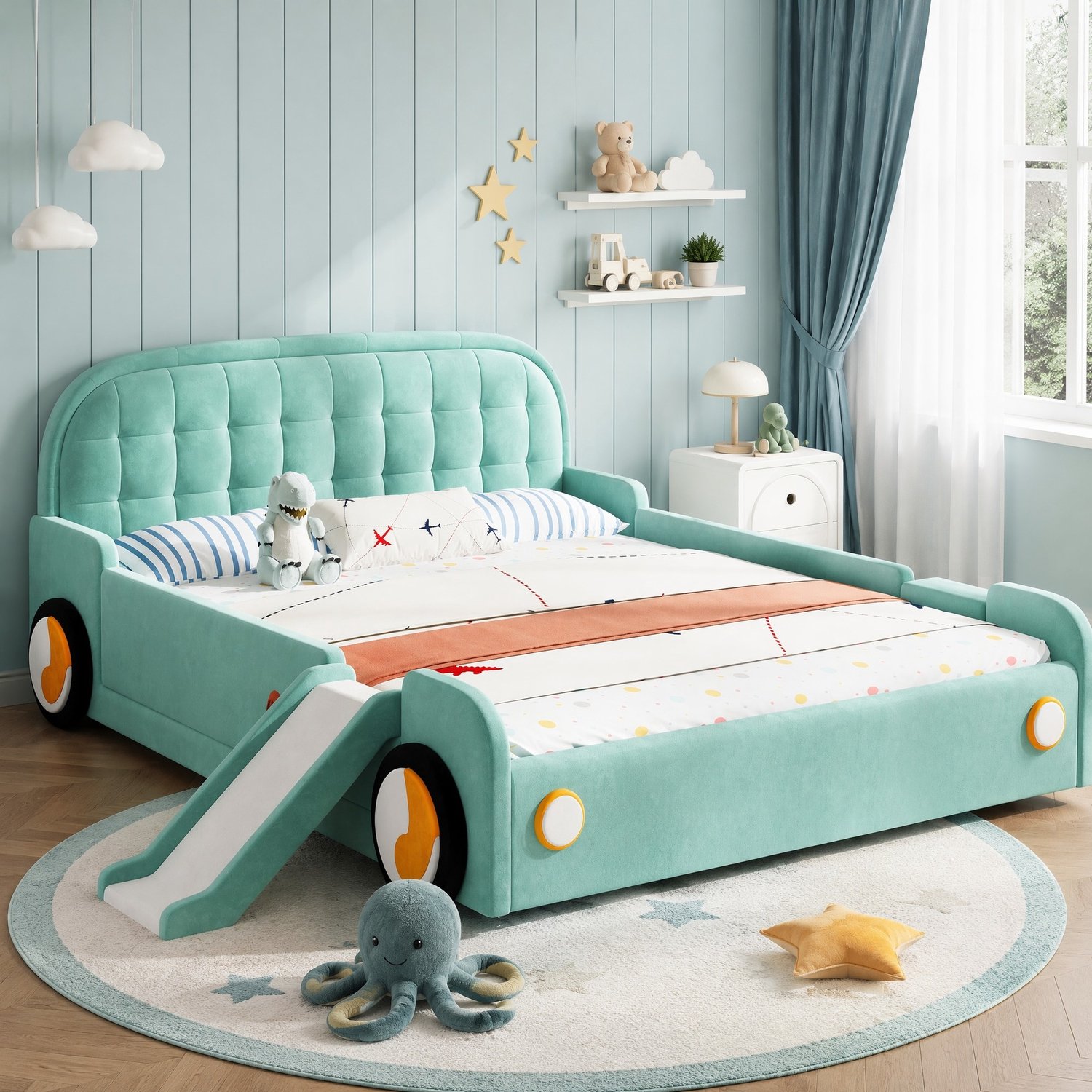 MEUNIQ Kinderbed autobed 140 x 200 cm met glijbaan, trap en uitvalbeveiliging - links of rechts te monteren - gestoffeerd bed voor de kinderkamer - blauwgroen