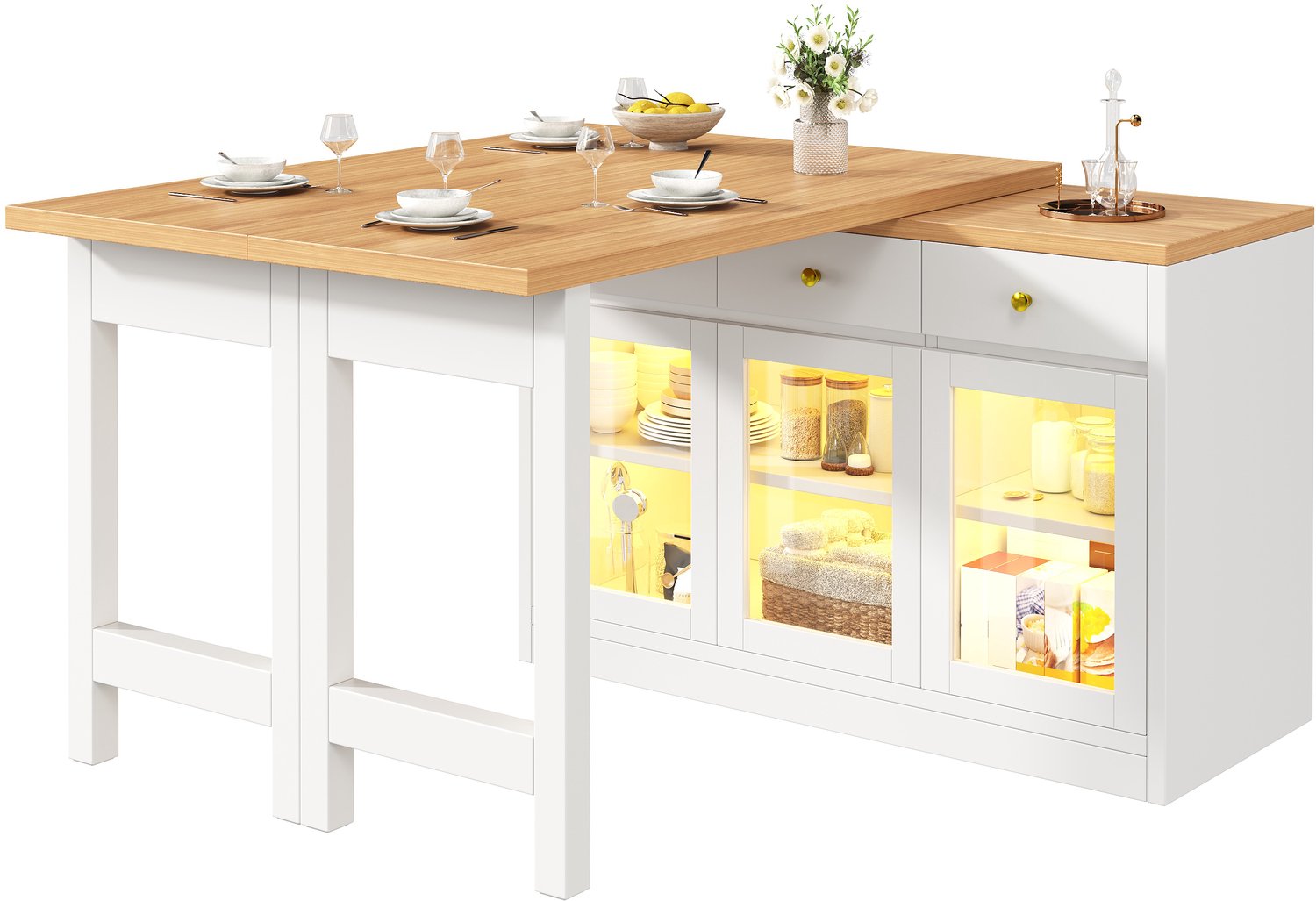 MEUNIQ Uitschuifbaar kookeiland en eettafel 120–200 x 40 x 75,5 cm met 3 lades, 3 kasten met glazen deuren en appgestuurde RGB-ledverlichting, wit