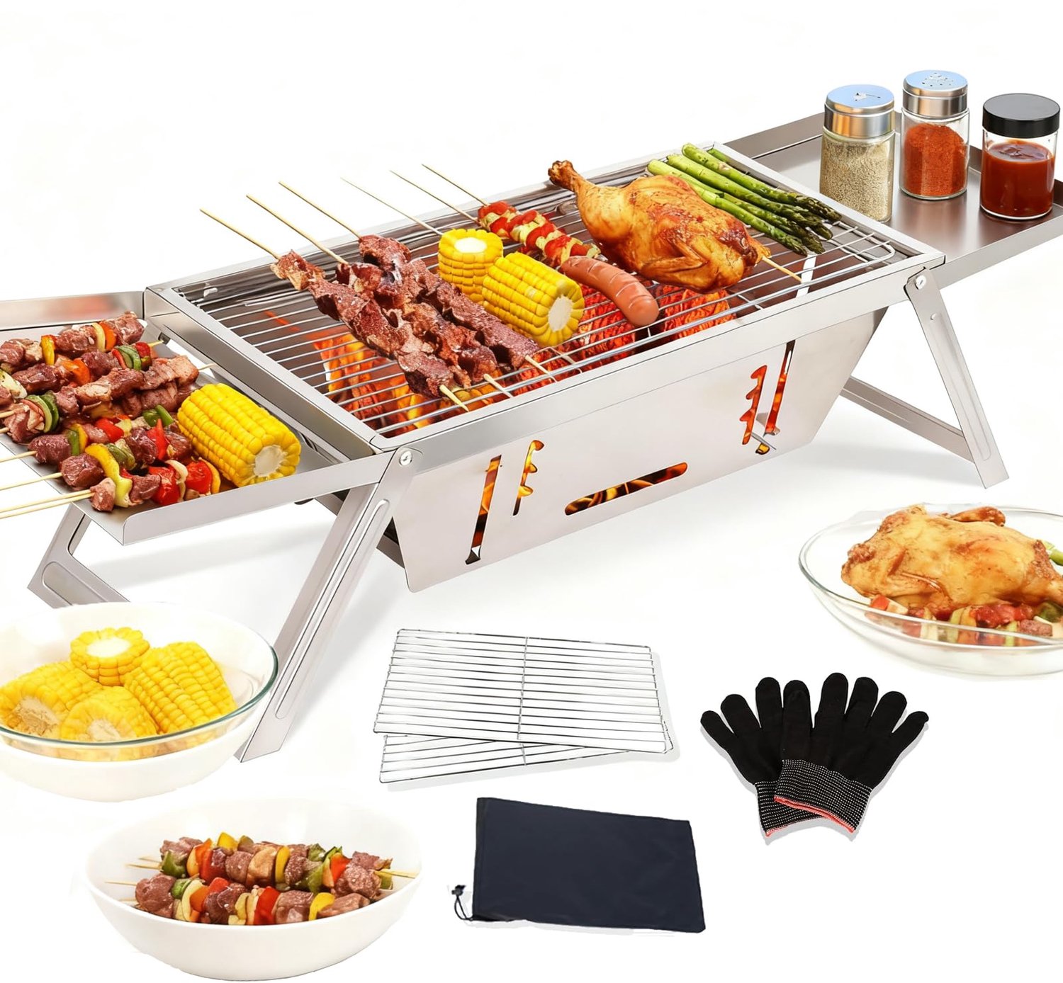 Draagbare Houtskool Camping Grill - Roestvrij Staal - Opvouwbaar & Verstelbaar - 40 x 20 x 4 cm