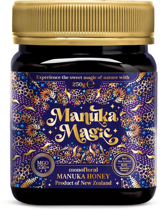 Pot Manuka Magic honing 250g met goudkleurige deksel, blauw etiket met gouden bloemmotieven en MGO 550+ vermelding.