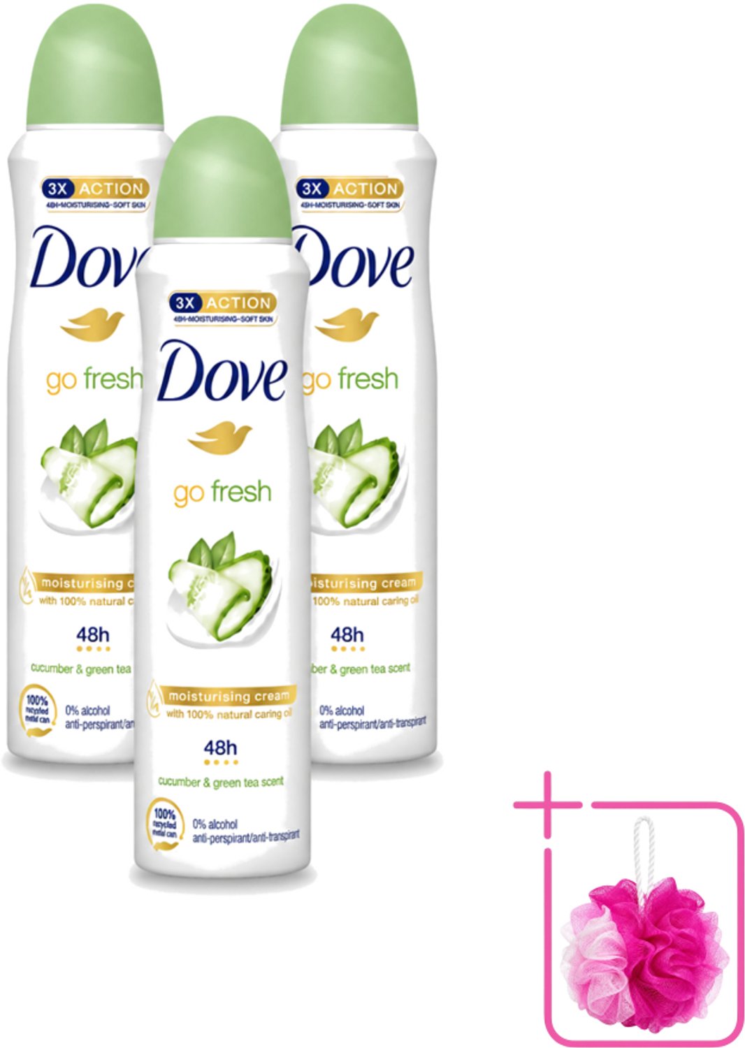 3 x Dove - Deodorant - Go Fresh Cucumber & Green Tea - Frisse en kalmerende geur - 150 ml - Bulkverpakking - Cucumber & Green Tea Deodorant Spray - Douchemop - Frisheid