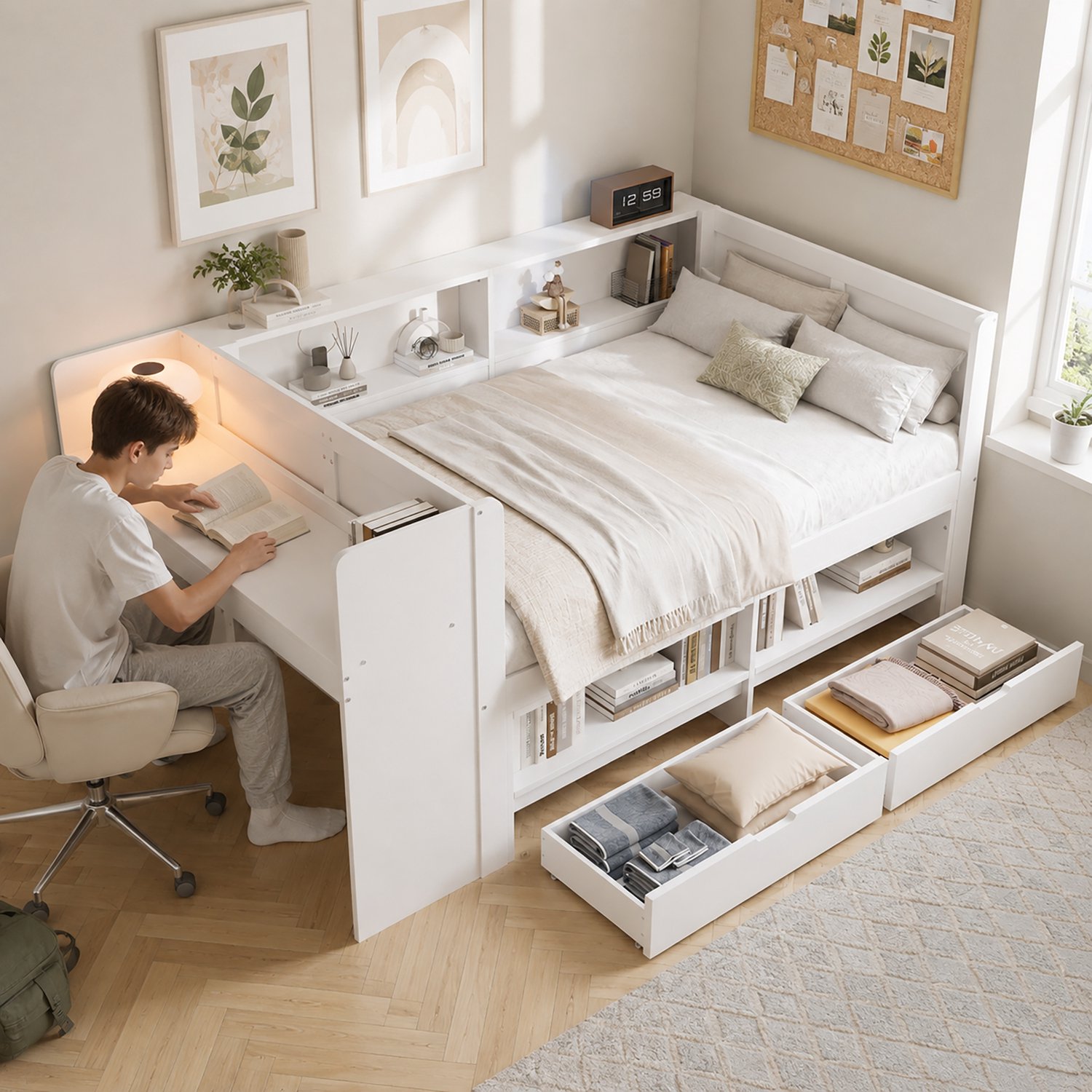 HAUSS SPOLE Houten Bed 120x200 cm - Eenpersoonsbed met Bureau en Opbergkast - 2 Laden en Open Vakken voor de Slaapkamer - Zonder Matras - Hout - Wit