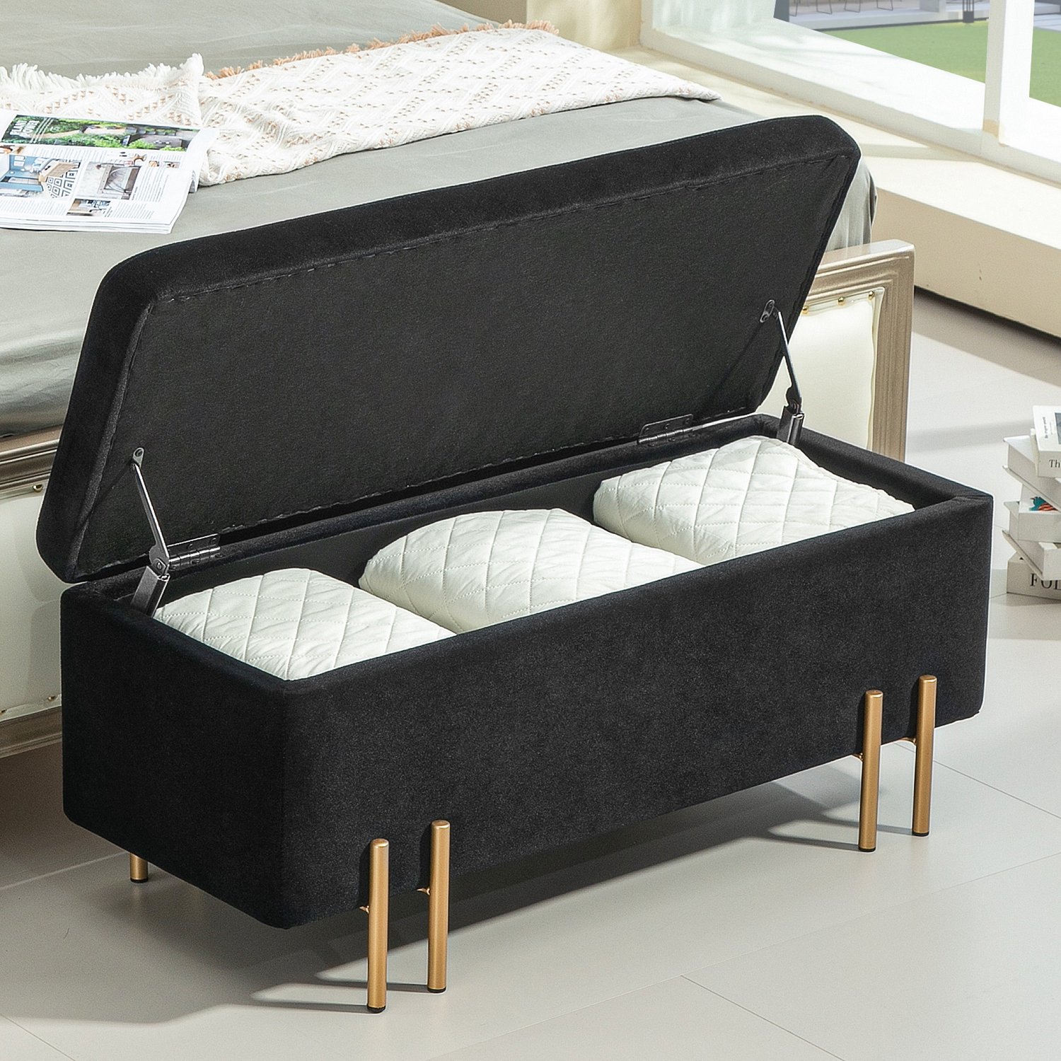 HAUSS SPOLE Opbergbank - Gestoffeerde Zitbank Met Opbergruimte - Voor Hal, Woonkamer En Slaapkamer - Polyester En Metaal - Zwart - 100x40x42 Cm