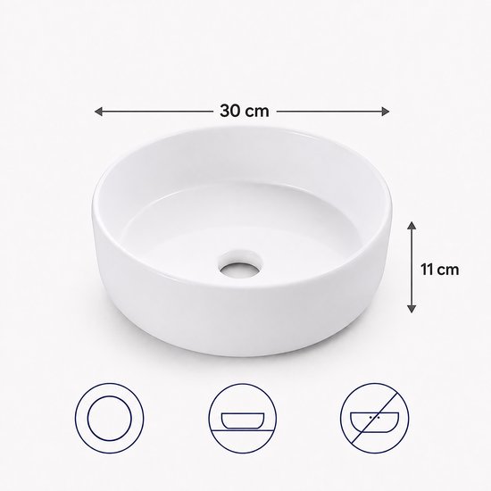 Witte, ronde waskom met afmetingen: 30 cm breed en 11 cm hoog, op witte achtergrond met iconen.