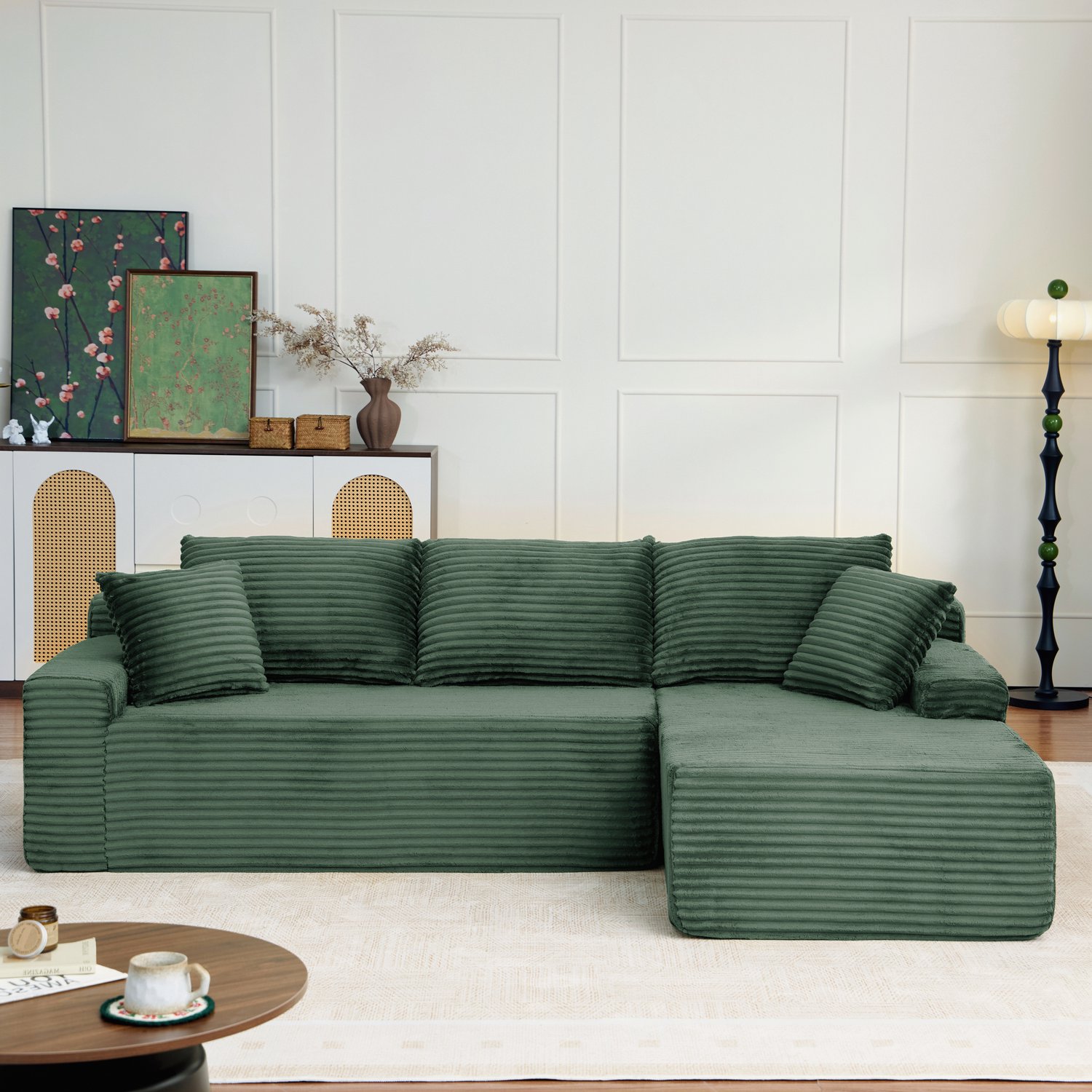 FloraGrace Hoekbank 239 cm - Modulaire L-Vorm met Rechter Hoek en Brede Zitting - Voor Woonkamer en Slaapkamer - Ribstof - Groen