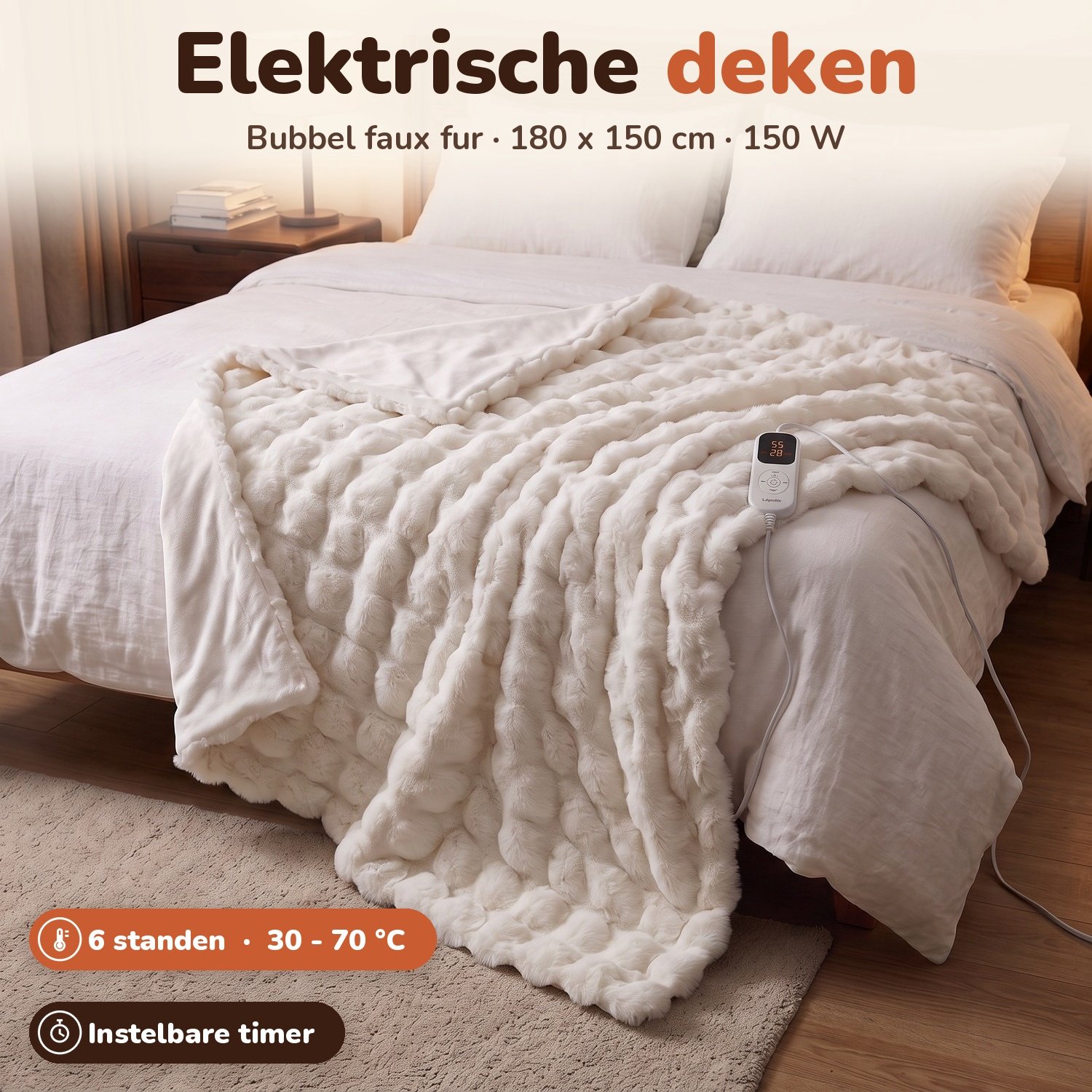 Lopoleis Elektrische Deken – XXL 180x150 cm – 6 Warmtestanden – Verwarmingsdeken – Bovendeken & Warmtedeken – Omslagdeken & Knuffeldeken – Bubbel Faux Fur – Wit – foto 3