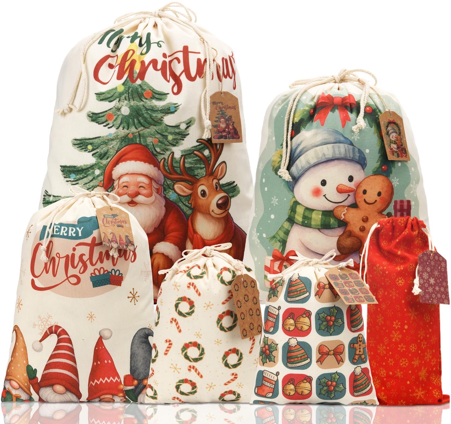 Set van 6 Herbruikbare Kerstcadeauzakken