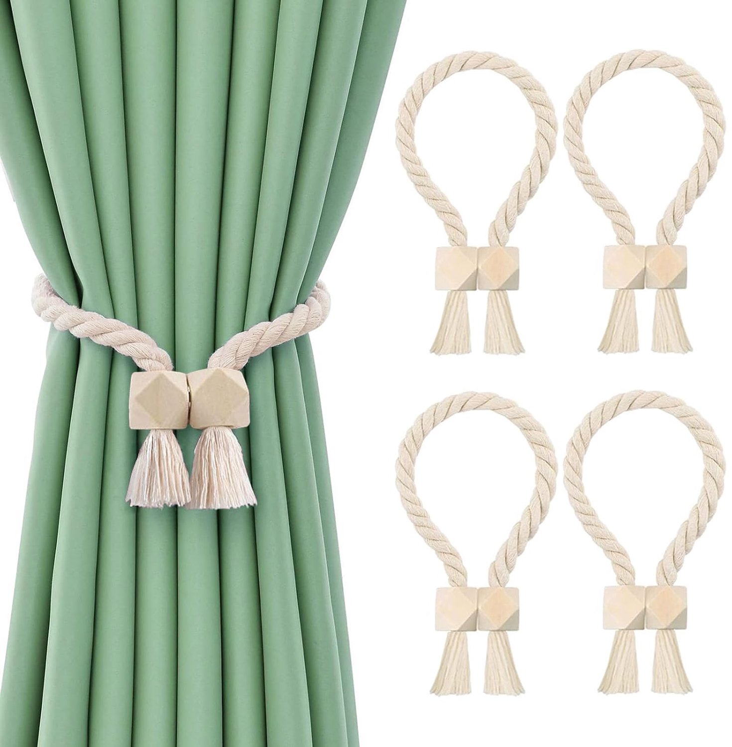 Gordijnhouder Magnetisch - Houten Kwasten - Katoenen Touw - 4 Stuks - Duurzaam - Eenvoudig in Gebruik - Decoratief Element - Gordijnclips