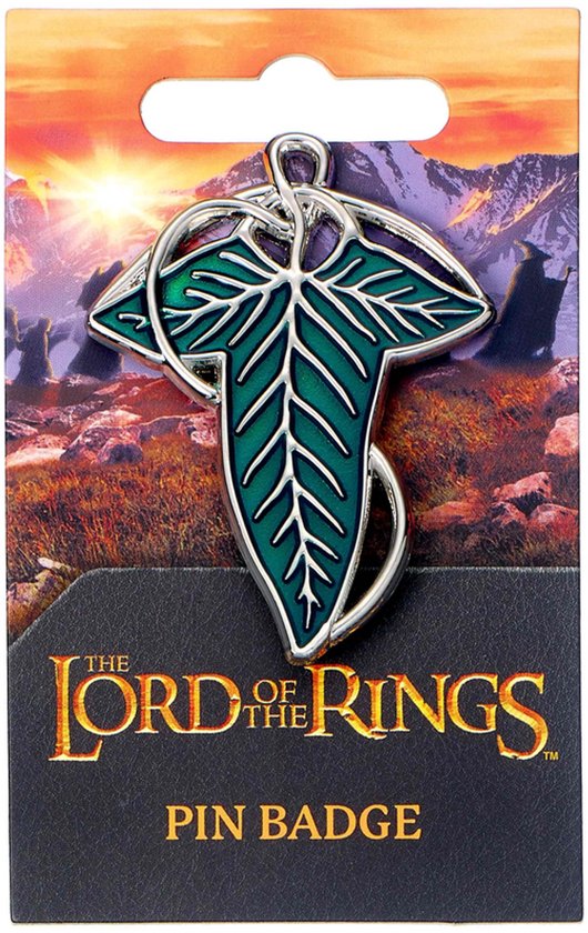 Groene Lorien blad pin van The Lord of the Rings op een decoratieve achtergrondkaart.