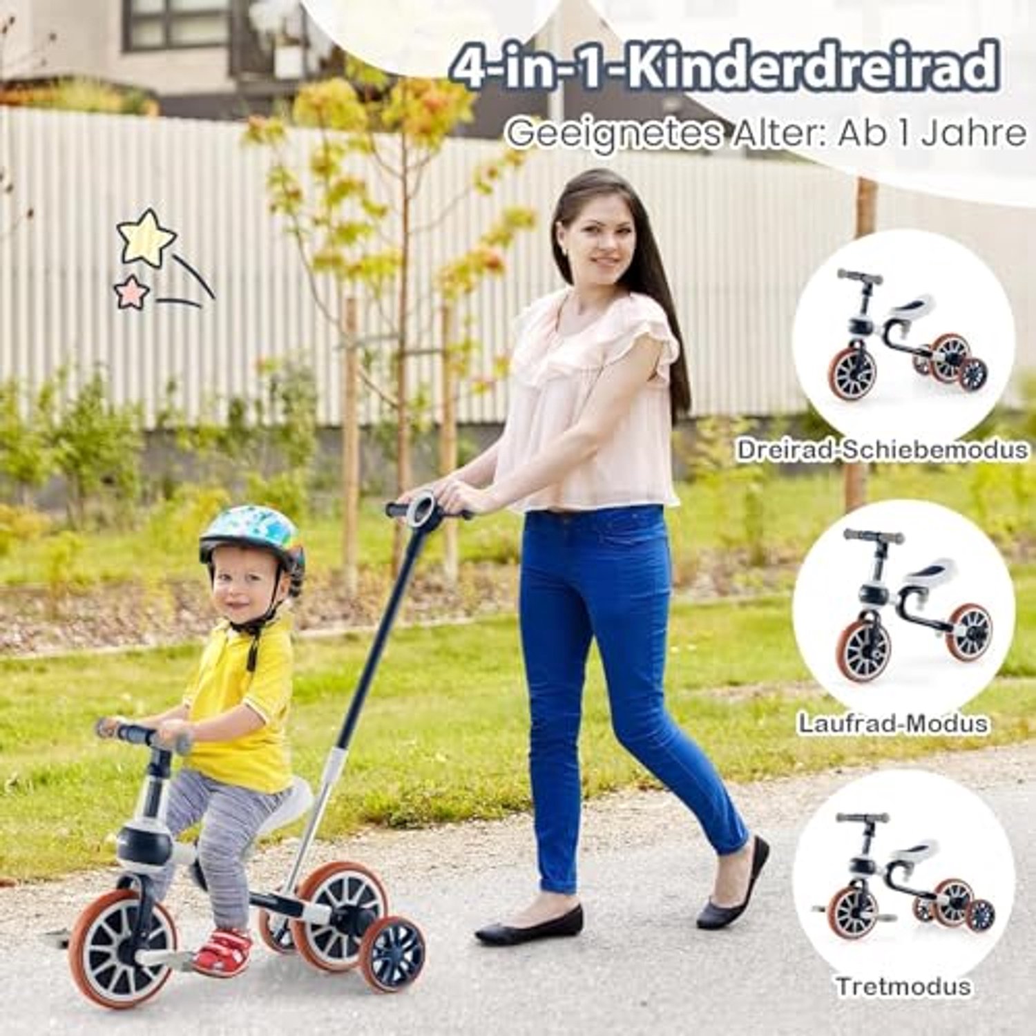 4-in-1 Kinderfiets met Verstelbare Duwhendel en Afneembare Pedalen