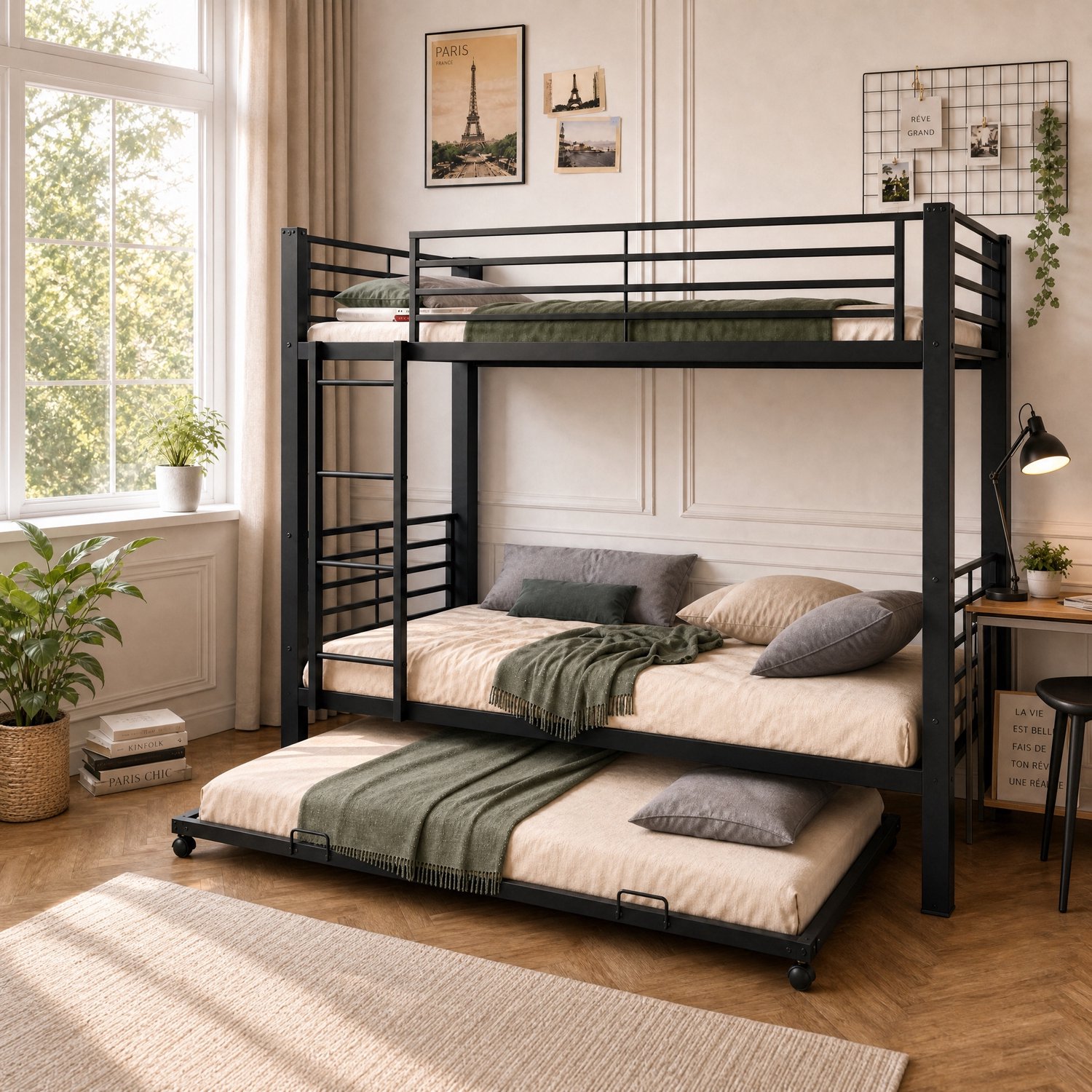 Wishdor Stapelbed 90x200 cm - Drie slaapplaatsen met uitschuifbed op wielen - Uitvalbeveiliging en ladder - Geluidsdempende details - Metalen kinderbed voor gedeelde kinderkamers - Zwart