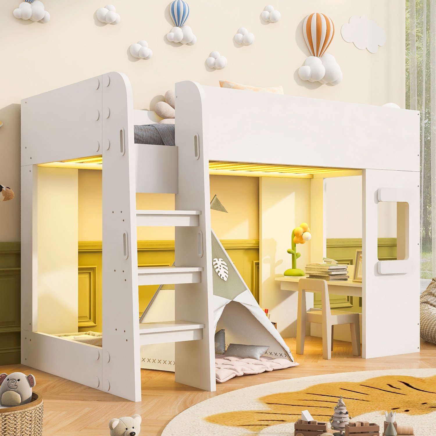 HAUSS SPOLE Hoogslaper 90x200 cm - Eenpersoonsbed met Bureau en Verlichting - Met Hoge Uitvalbeveiliging en Brede Ladder - MDF en Multiplex - Wit