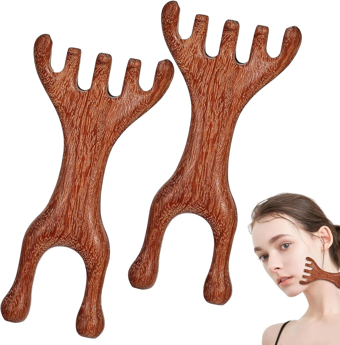 Massagekam set van 2 - Houten antler ontwerp - Perfect voor gezicht en nek - Ontspanning en verzachting - ShopVlot
