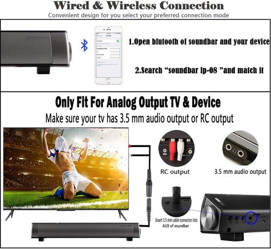 SnelShoppen - Draadloze Bluetooth Soundbar Speaker met Built-in Subwoofer, USB, AUX, Optical, TF Card - Portable Stereo Computer Speaker voor TV, Fees — afbeelding 2