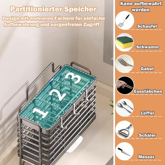 Bestekhouder, keukengereihouder, bestekmand, wandmontage, traceless sticker, koolstofstaal, bestek, afdruipbak, houder voor bestek en keukenhulp (zwart) van Landmann — afbeelding 4