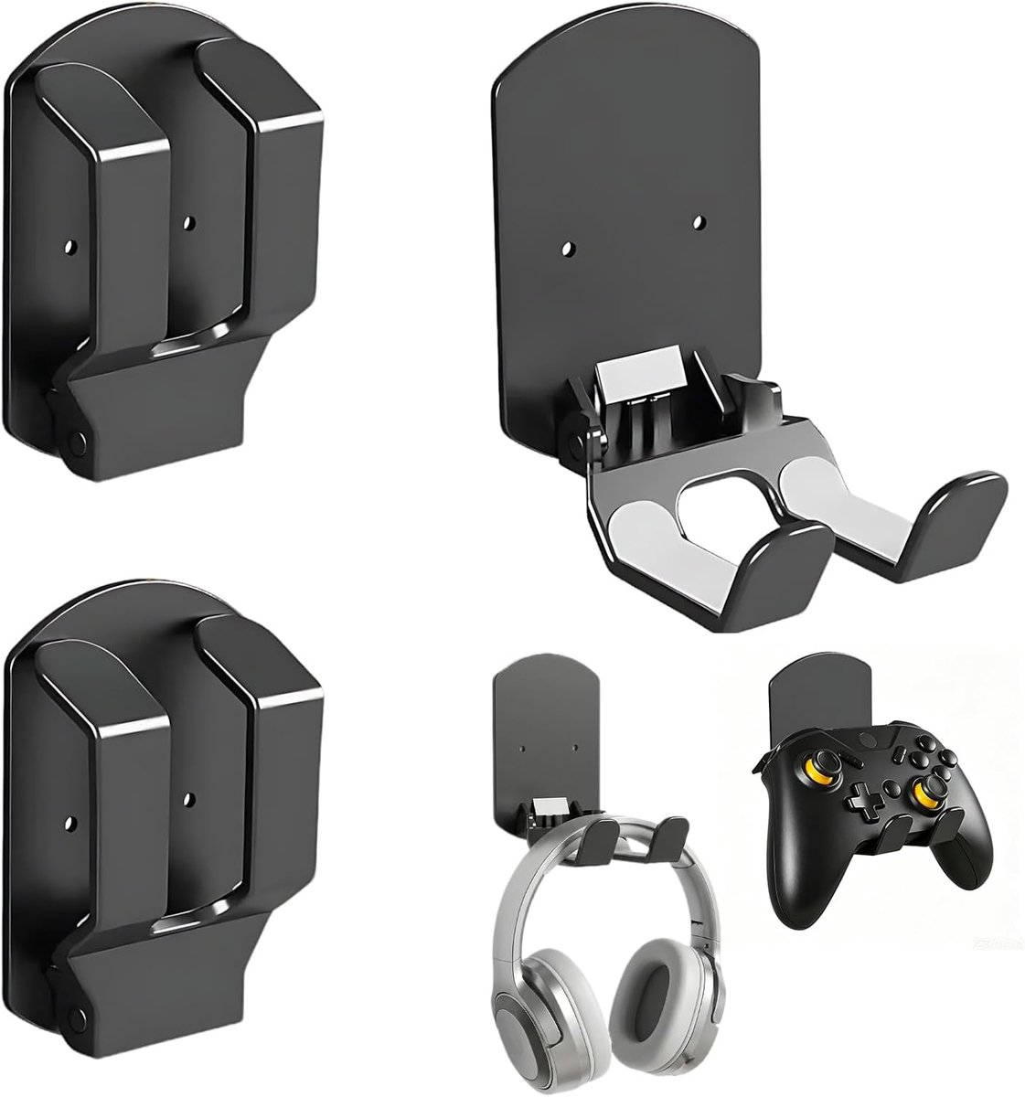 Wandhouder voor controller, 3 stuks, inklapbare gaming-controllerhouder, veelzijdige zelfklevende headsethouder voor PS4/PS5/Xbox/Switch controller, standaard, hoofdtelefoon, zwart