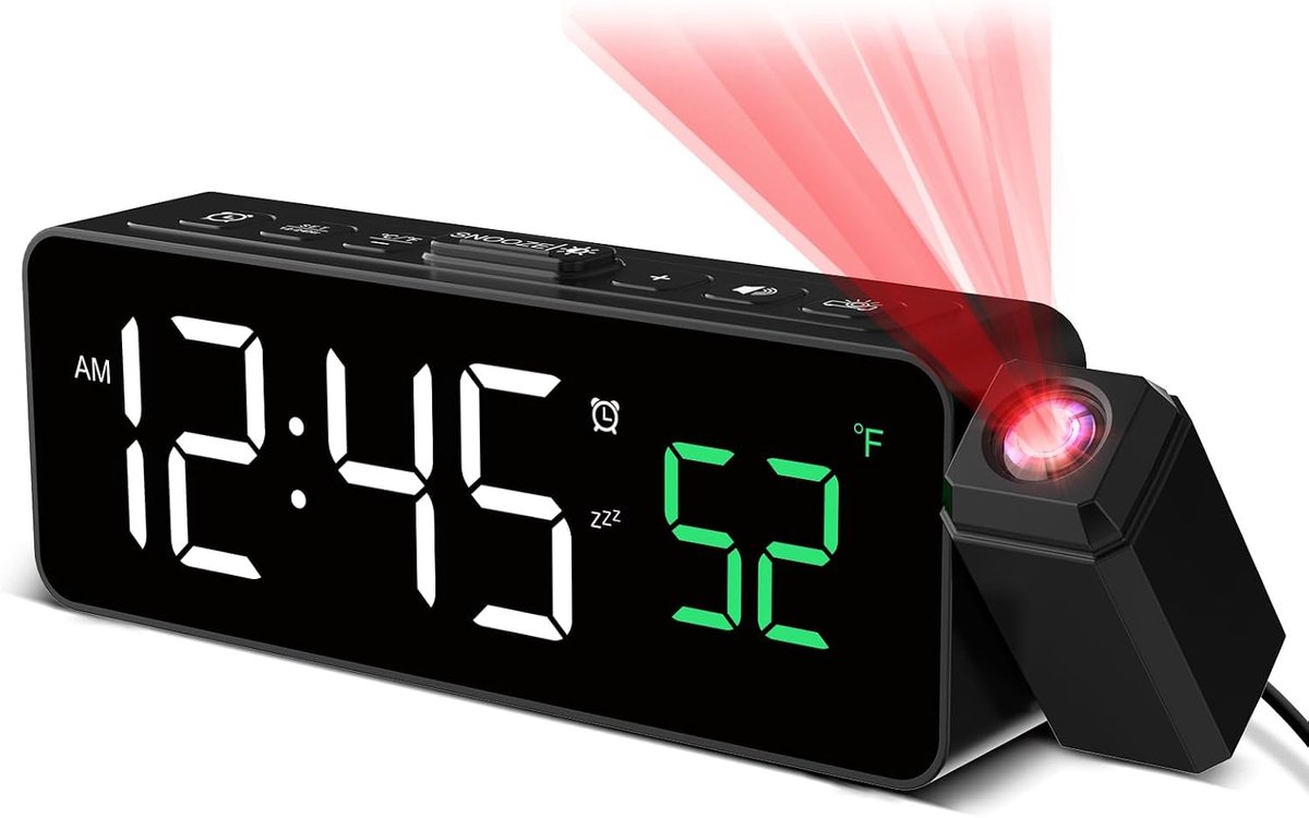 Projectiewekker voor plafond-muren, digitale wekker met 180° projector, temperatuurweergave, led-display, 4 helderheden, 3 volumen, 9 minuten sluimeren, 12/24 uur, wekker met projectie