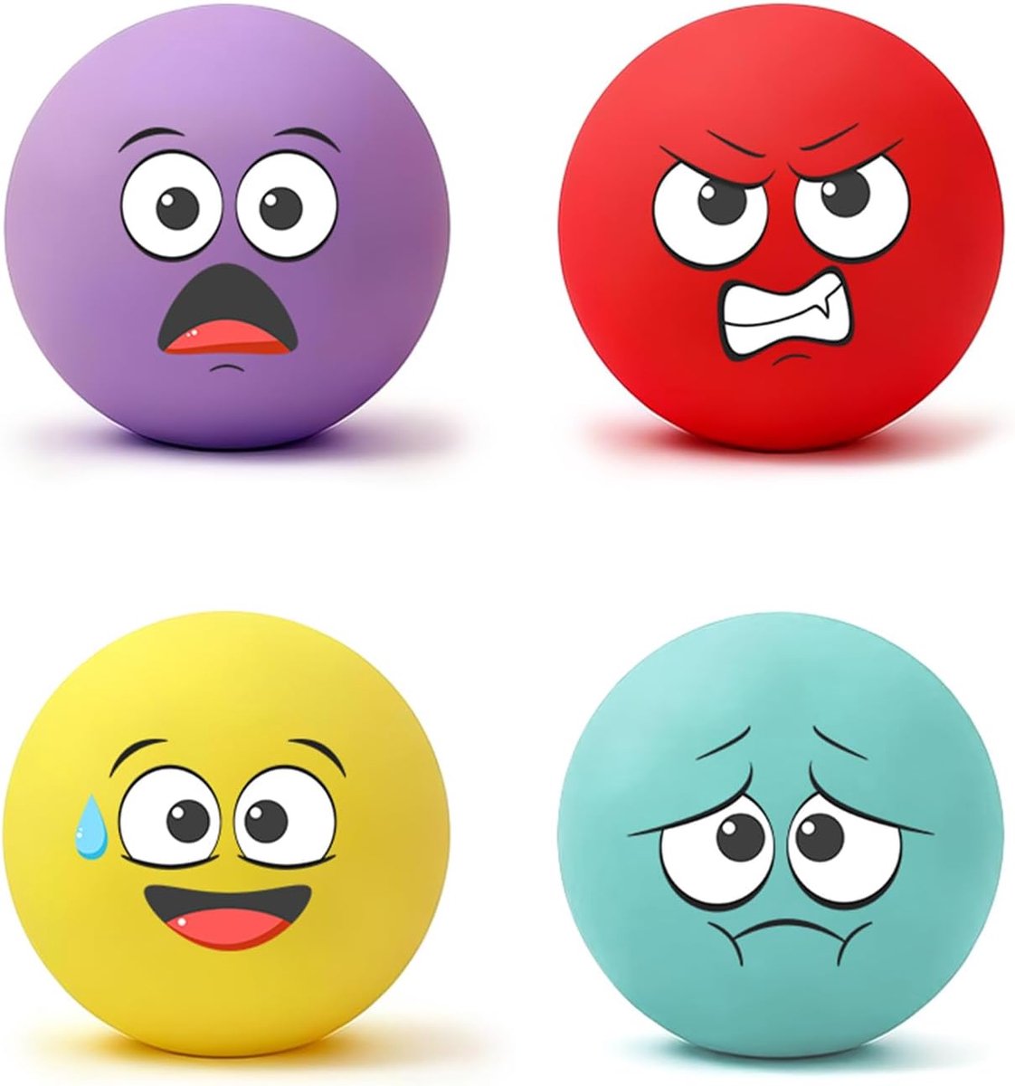 6 cm, set van 4 grappige gezichten, piepballen van natuurlijk latex, voor kleine en middelgrote honden tot 18 kg, zacht voor tanden, 4 kleuren, rood, geel, paars, blauw