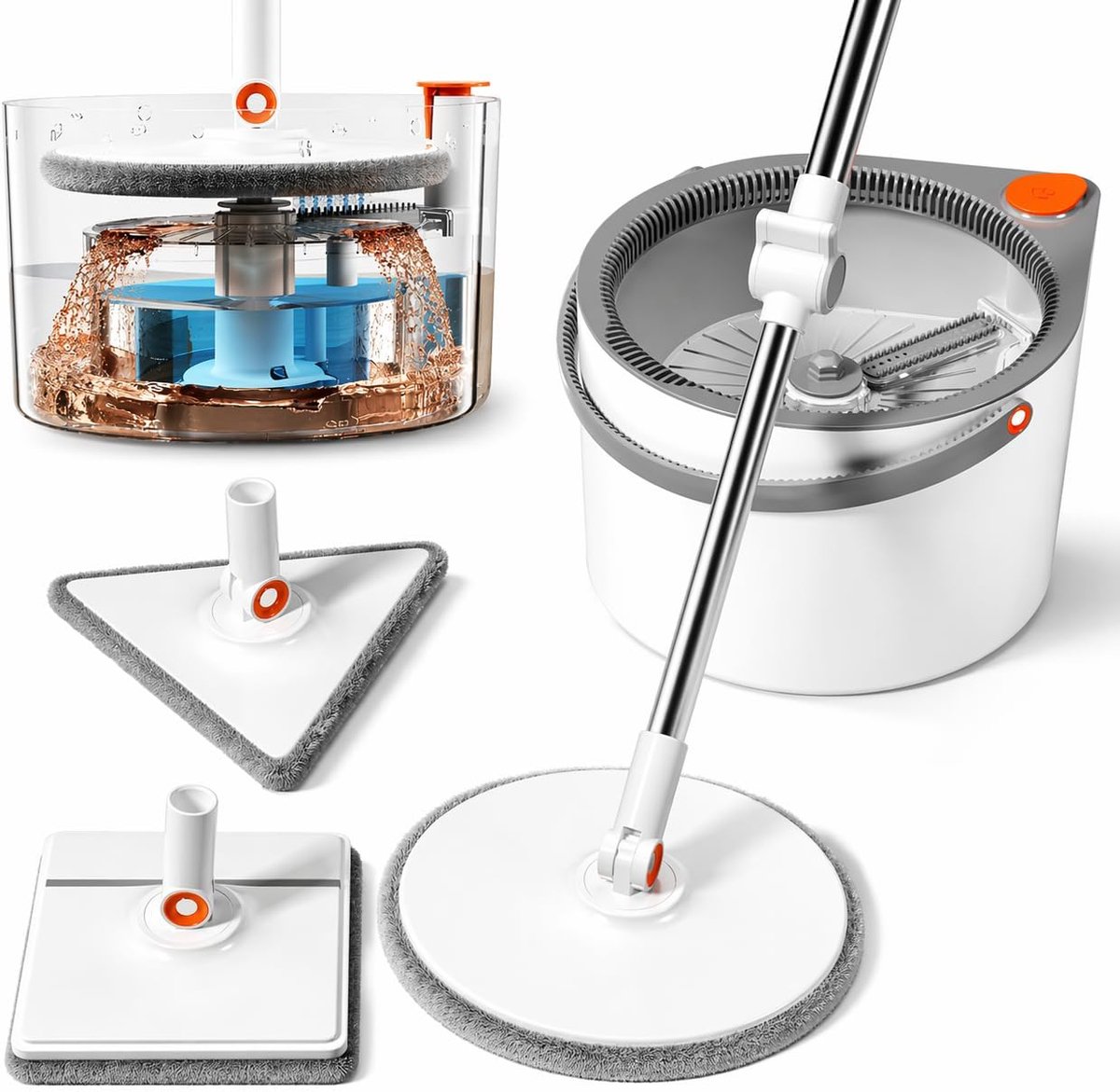 Dweilset met emmer, handsfree zelfreiniging, metalen constructie, 3 dweilopzetstukken (platte mop, hoekreiniger, krachtige mop)