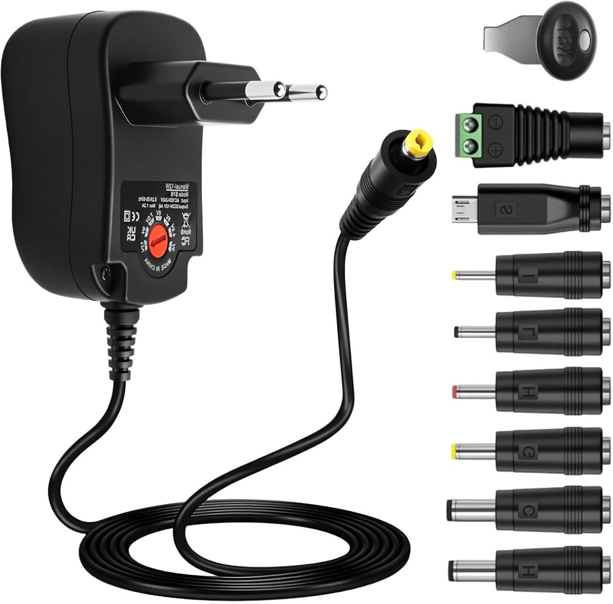 12W universele voeding (AC/DC) 3 V, 4,5 V, 5 V, 6 V, 7,5 V, 9 V, 12 V met 8 DC-poorten. Multispanning transformator oplader voor huishoudelijke apparaten, LED's, routers, tv-boxen, camera's, max. 1000