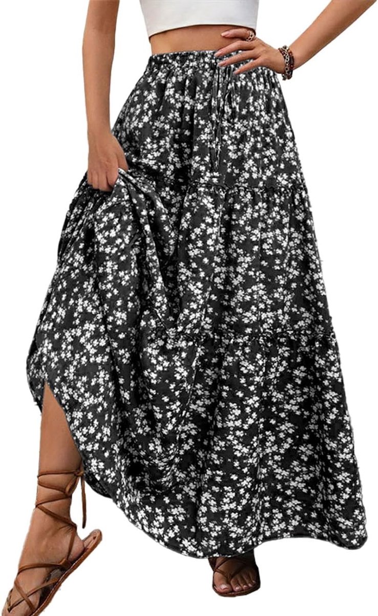 Maxi Skirt, Summer Women's Skirts Floral Print with Drawstring, Bohemian Long Skirt Elastic High Waist Pleated Ruffles - ShopVlot