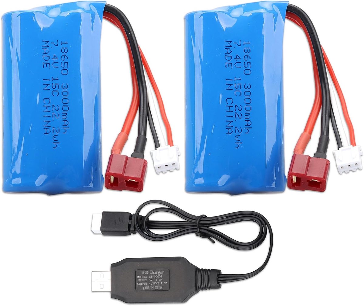 2 stuks 7,4 V Li-ion batterij, 3000 mAh oplaadbare lithium lonen-batterijen met Deans T-stekker, USB-oplaadkabel - ShopVlot