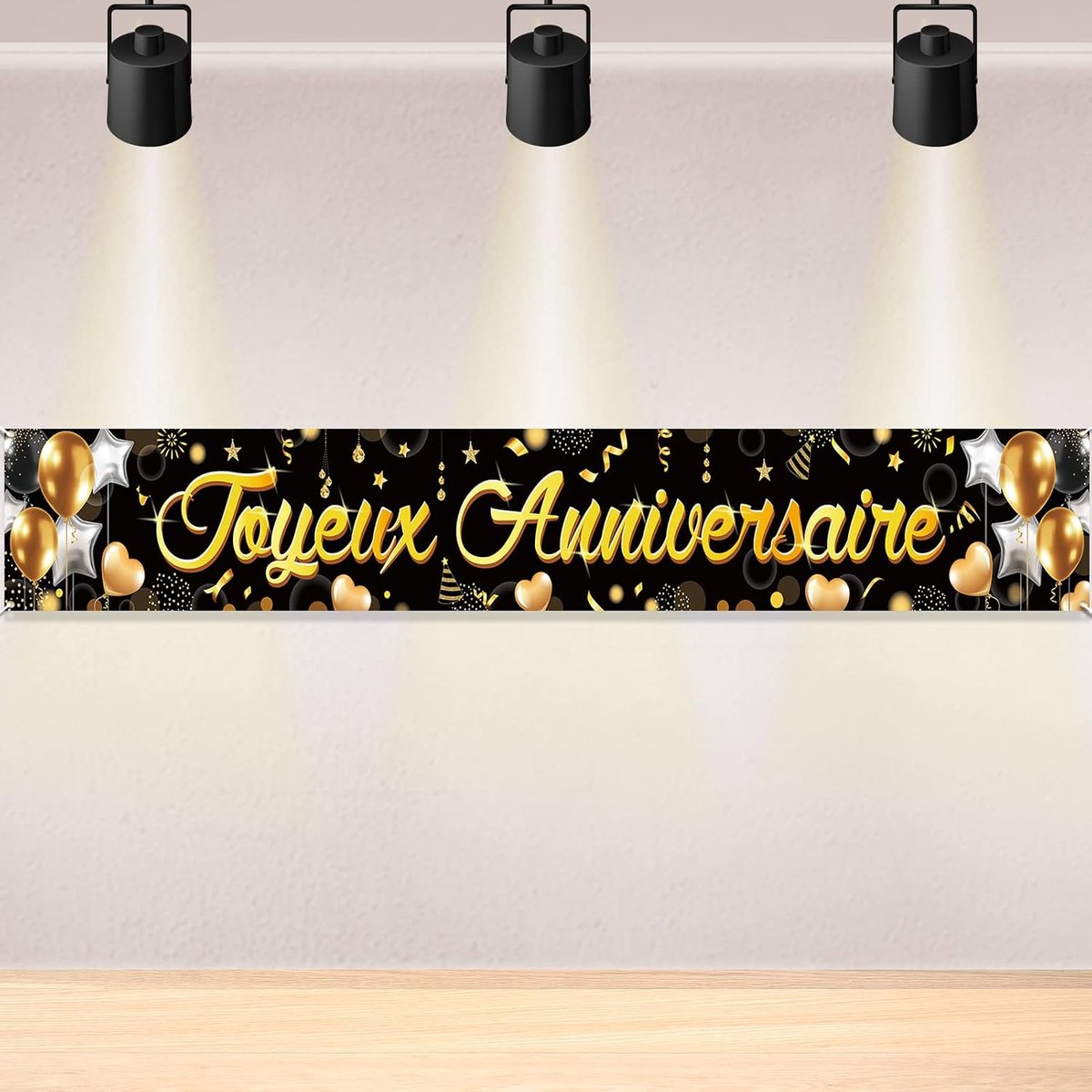 DPKOW Joyeux Anniversaire Bannière Noir or, decoration de fête d'anniversaire intérieur extérieur bannière Fond Long - ShopVlot