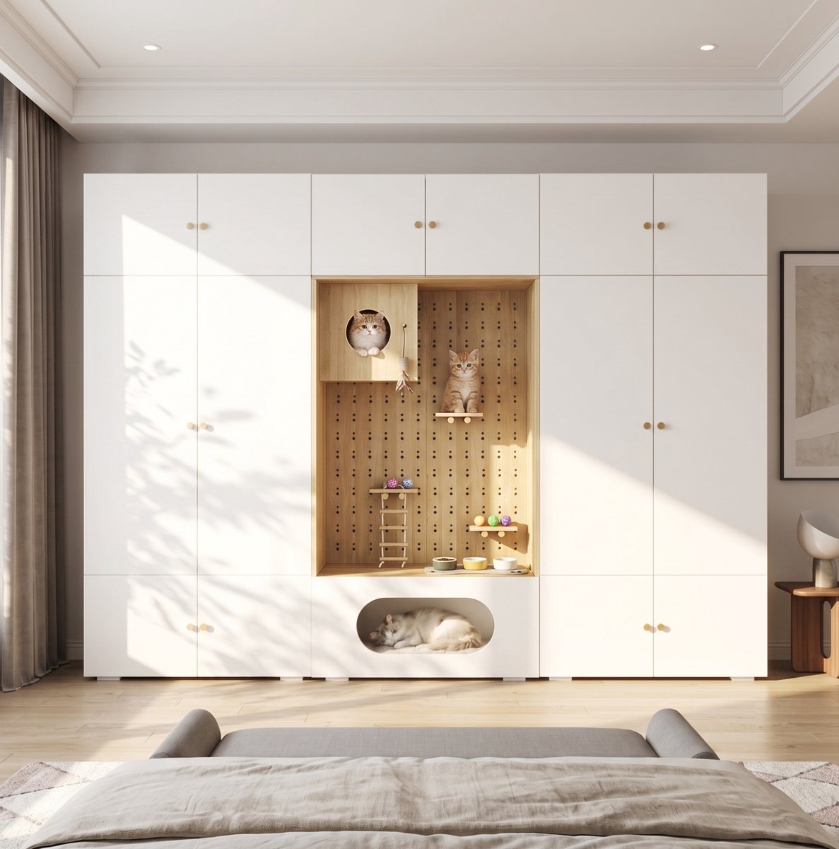 OKWISH Kledingkast - Met Kattenklimwand En Kledingroede - Voor Slaapkamer Woonkamer En Hal - Wit Houtlook - 270 x 50 x 200 cm
