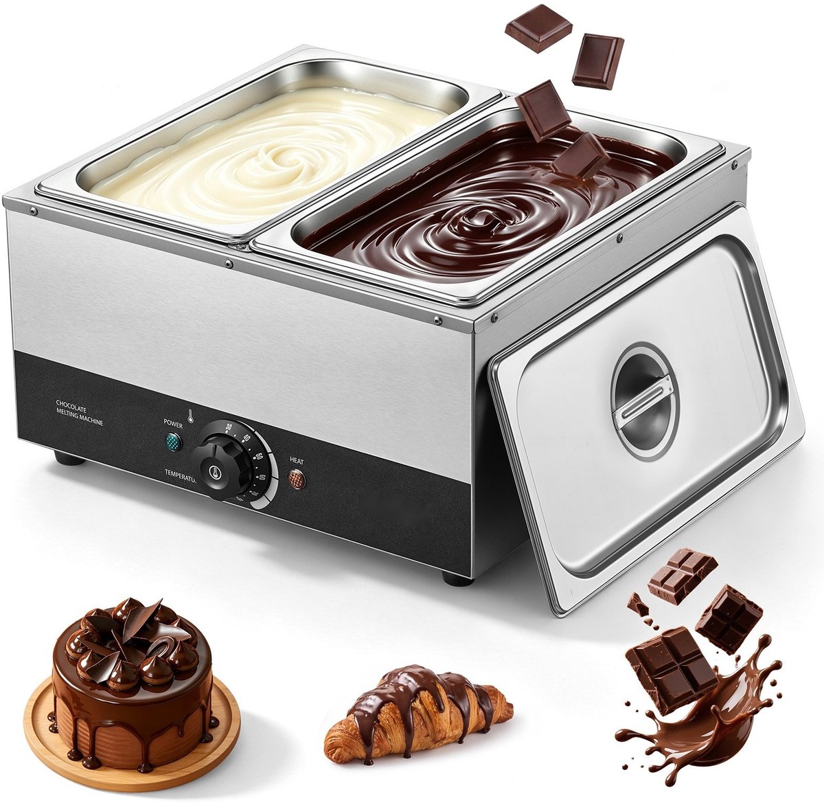 Chocoladesmeltmachine - Chocoladetempereermachine - 2 Verwijderbare Roestvrijstalen Bakken - 1,2 kW - Temperatuurregeling 30–85 °C - Droogloopbeveiliging