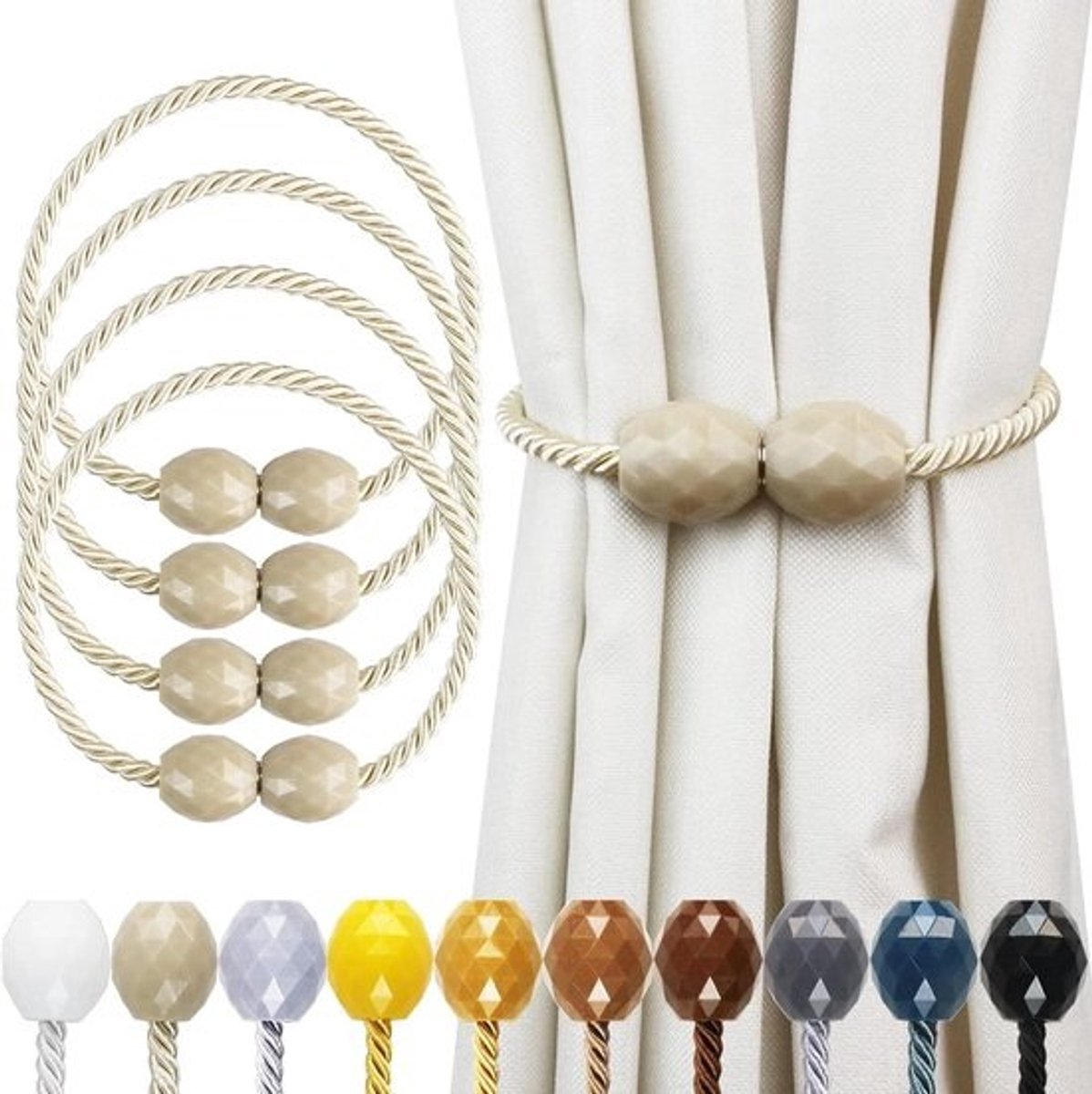 Gordijnbinders - 4 stuks - Magnetische gordijnclips - Voor het organiseren van gordijnen - Verbeterde magneetsterkte - 47 cm lang - Beige