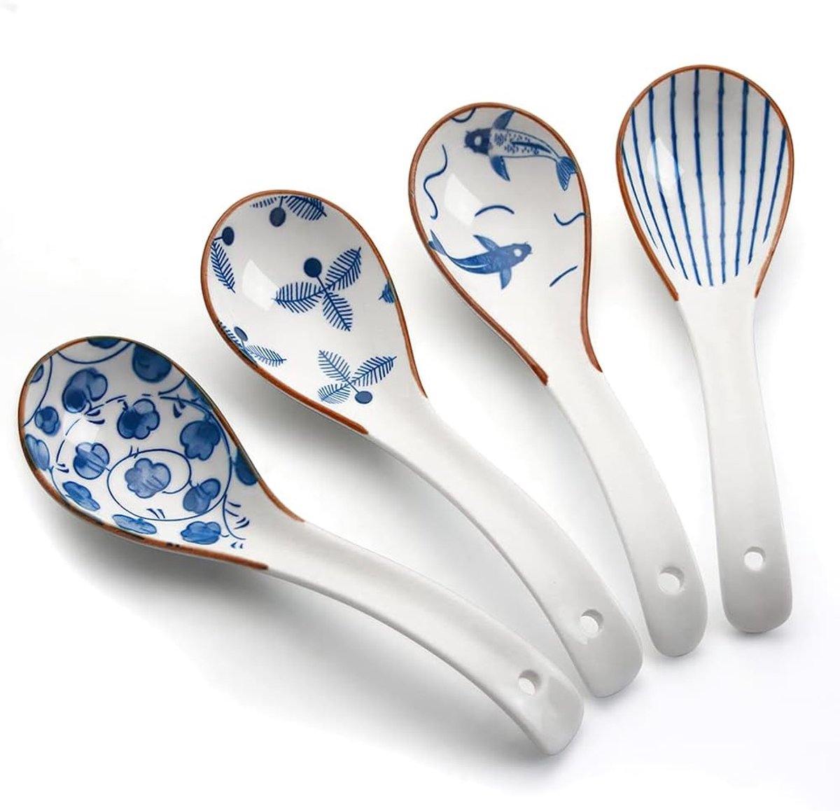 SnelShoppen - Set van 4 Chinese Soup Spoons 15.7cm - Keramische Ramen Lepels - Japanse Retro Stijl Porseleinen Soeplepels voor Wonton, Pho, Udon, Miso